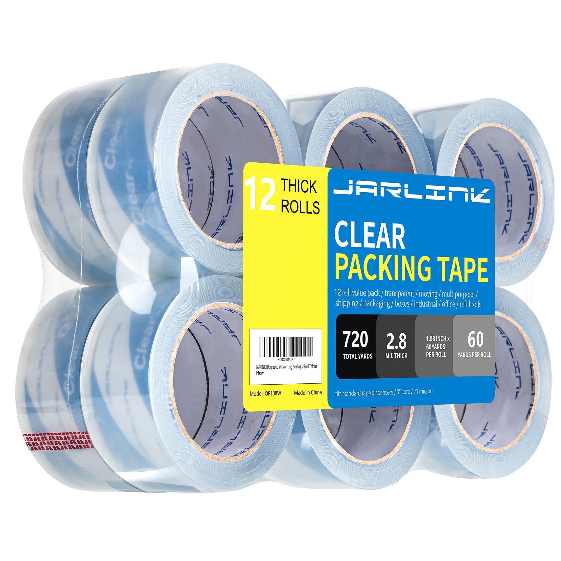 JARLINK Upgraded Version Clearer Packing Tape 12 Rolls, Heavy Duty Packaging Tape for Shipping Packaging Moving Sealing, 2.7mil Thick, 1.88 inches Wide, 60 Yards Per Roll, 720 Total Yards