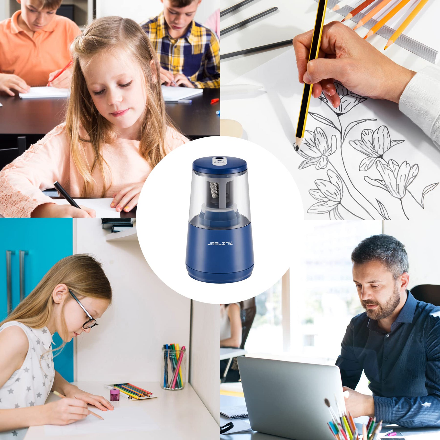 JARLINK Electric Pencil Sharpener, Heavy-duty Helical Blade to Fast Sharpen, Auto Stop for No.2/Colored Pencils(6-8mm), USB/Battery Operated in School Classroom/Office/Home