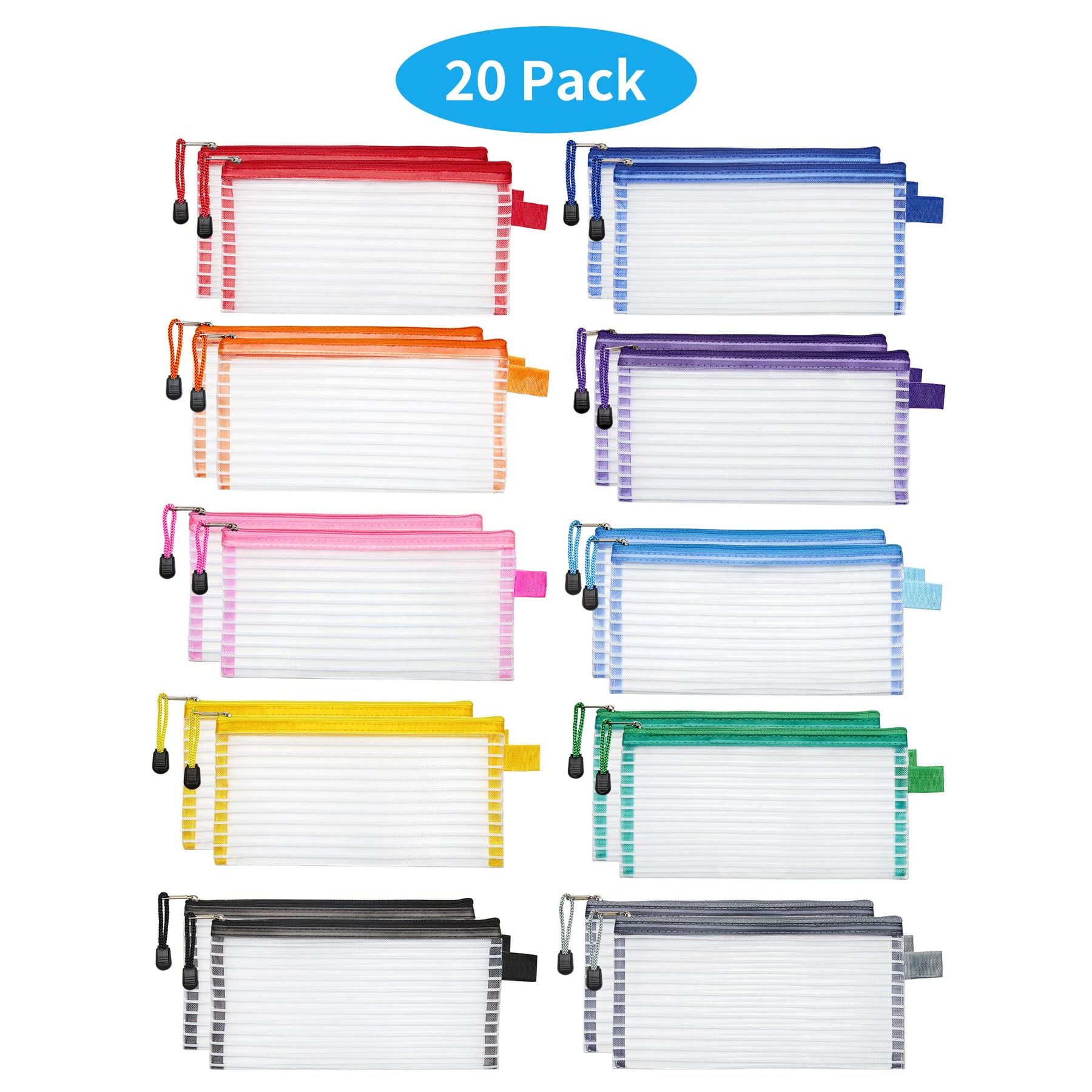 JARLINK 20 Pack 10 Colors Zipper Mesh Pouch Multicolor