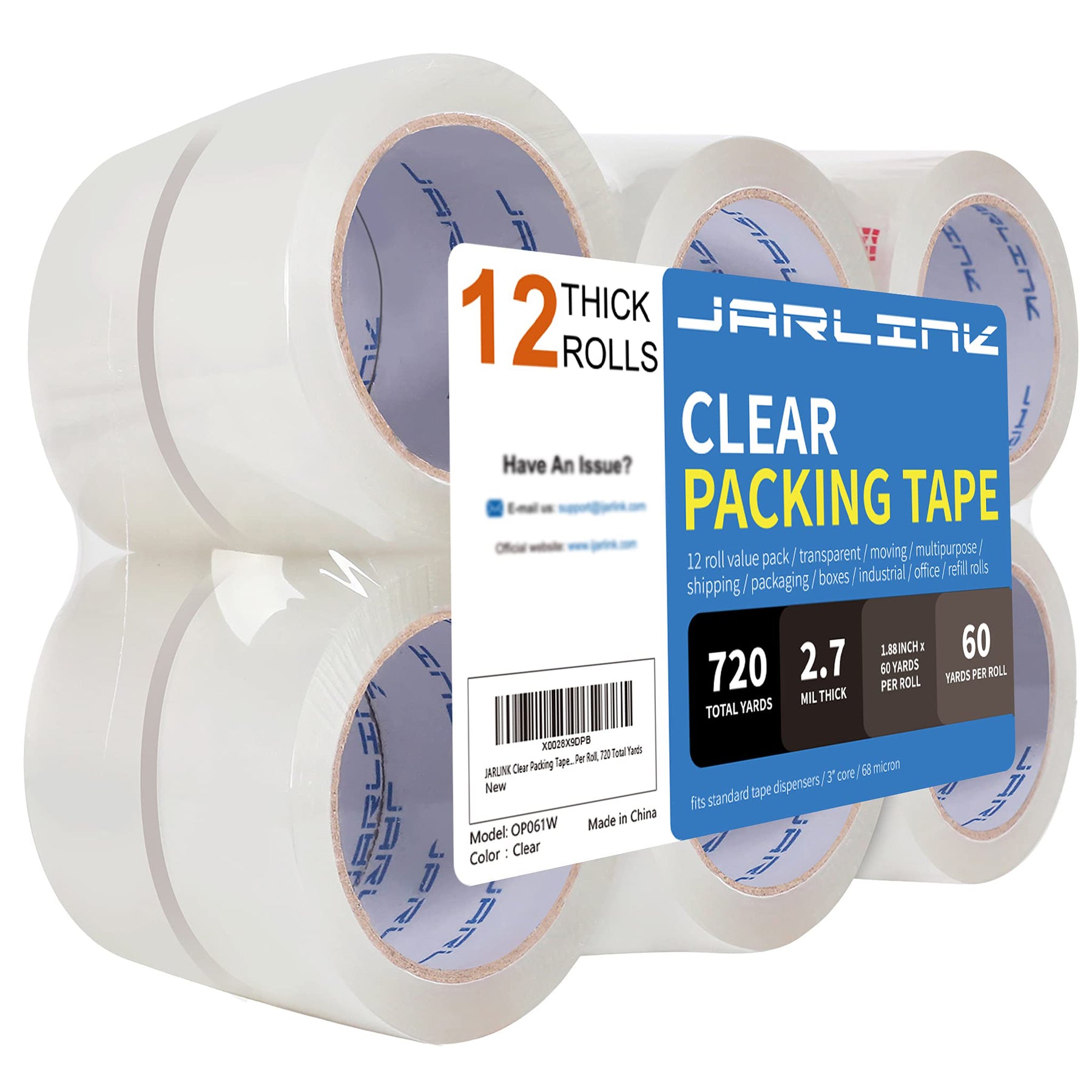 JARLINK Clear Packing Tape (12 Rolls), Heavy Duty Packaging Tape for Shipping Packaging Moving Sealing