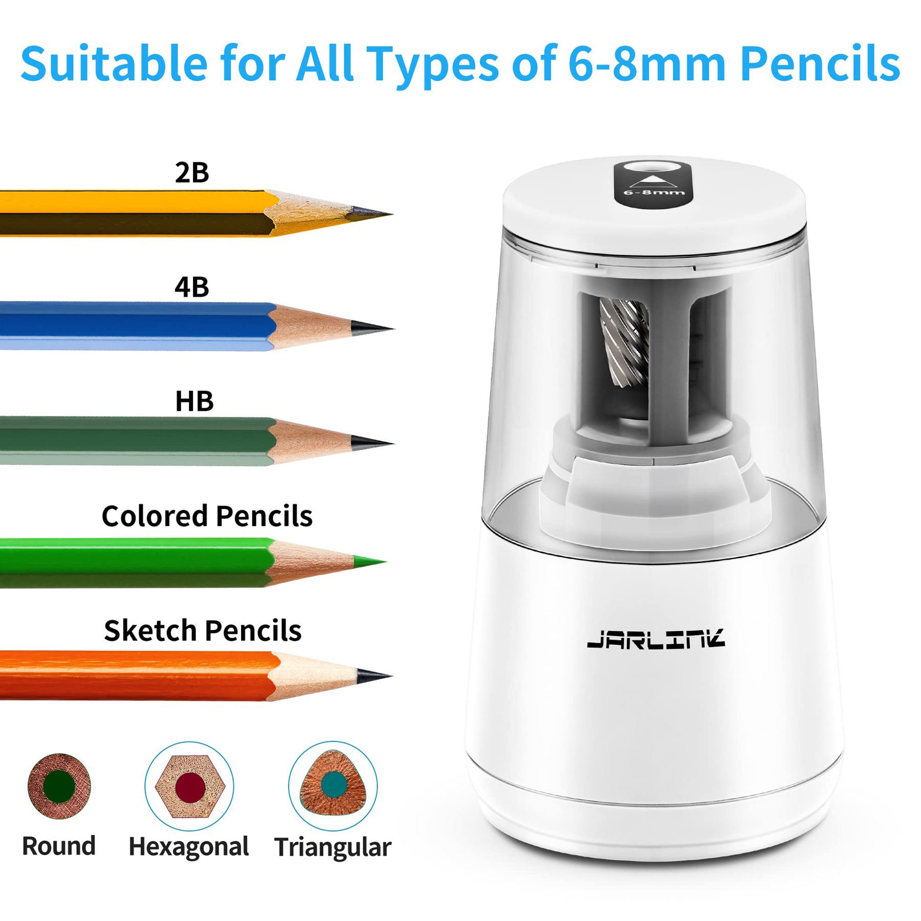 JARLINK Electric Pencil Sharpener, Heavy-duty Helical Blade to Fast Sharpen, Auto Stop for No.2/Colored Pencils(6-8mm), USB/Battery Operated in School Classroom/Office/Home