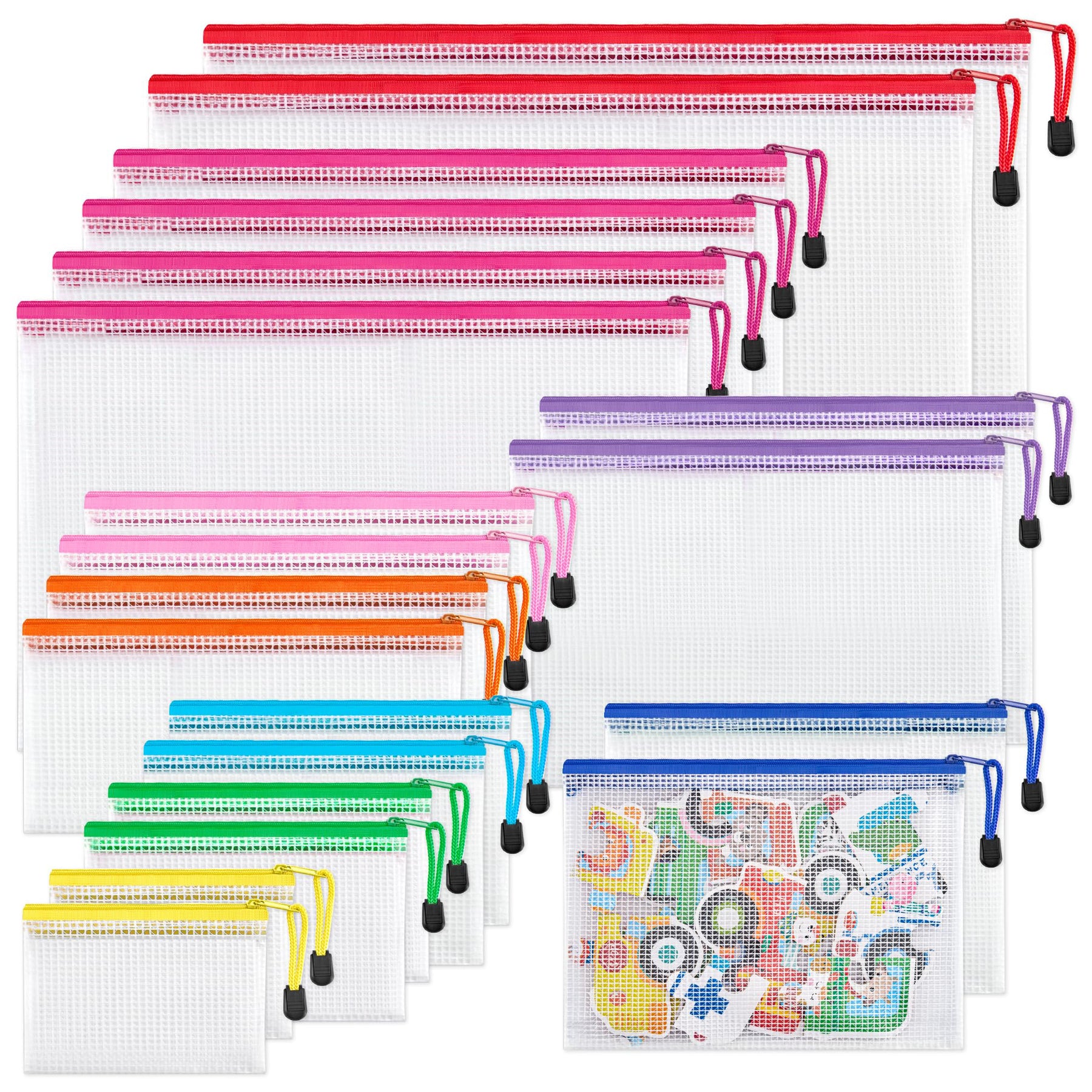 JARLINK 18 Pack 8 Sizes Mesh Pouch, 9 Colors, Waterproof Zipper File Bags Document Multipurpose Travel Bags for Office Supplies Cosmetics Travel Accessories