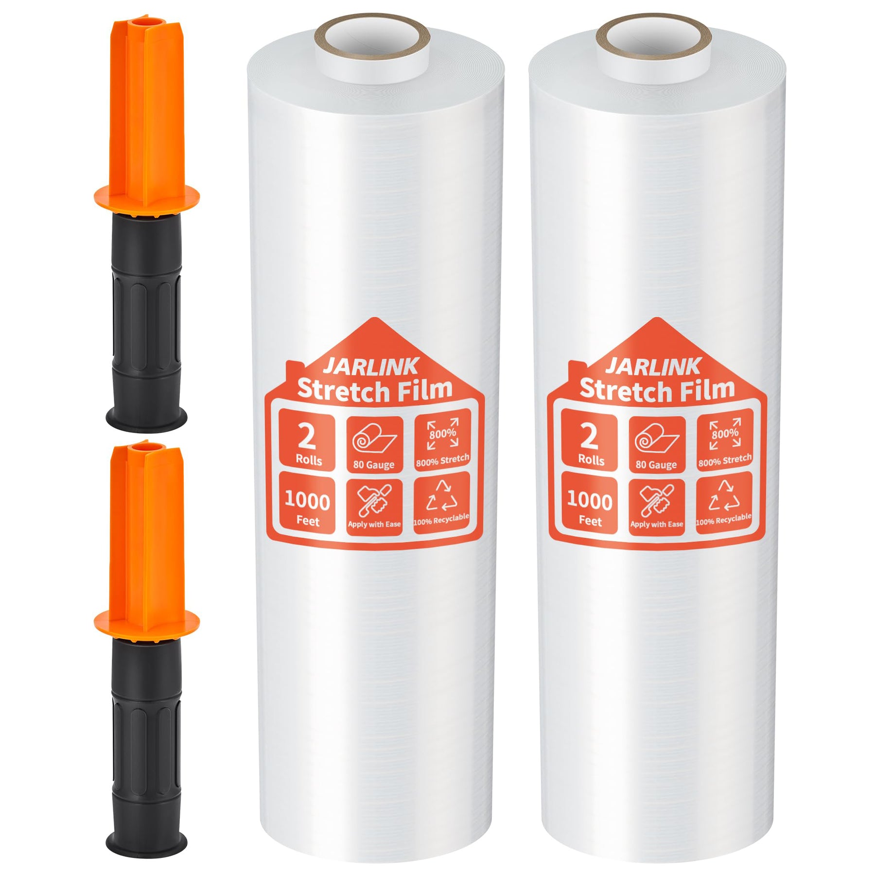 JARLINK 2 Pack Stretch Film, 15" x 1000ft Shrink Wrap for Pallet Wrap, Industrial Strength Stretch up to 650% Stretch with Handles, Self Adhering Packaging Heavy Duty Film for Moving, 68 Gauge, Clear