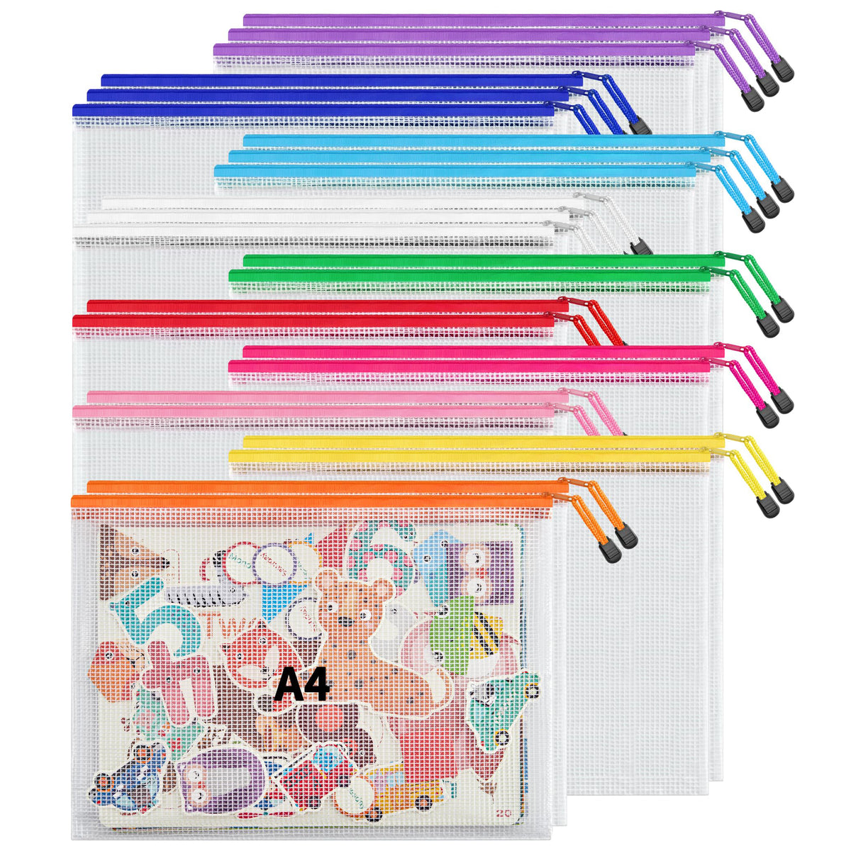 JARLINK 24 Pack 10 Colors Zipper Mesh Document Pouch, A4 Letter Size Mesh Bags for Board Games & Puzzles, Waterproof Document Zipper Pouches for Office School Supplies, Toys, Cosmetics Travel Storage