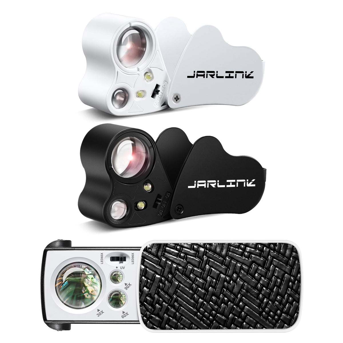 JARLINK 3 Pack Jewelers Loupe, 30X 60X 90X Illuminated Jewelers Eye Magnifier and Magnifying Glass Loop with UV Black Light and Bright LED Light for Gems, Jewelry, Diamond, Coins, Stamps
