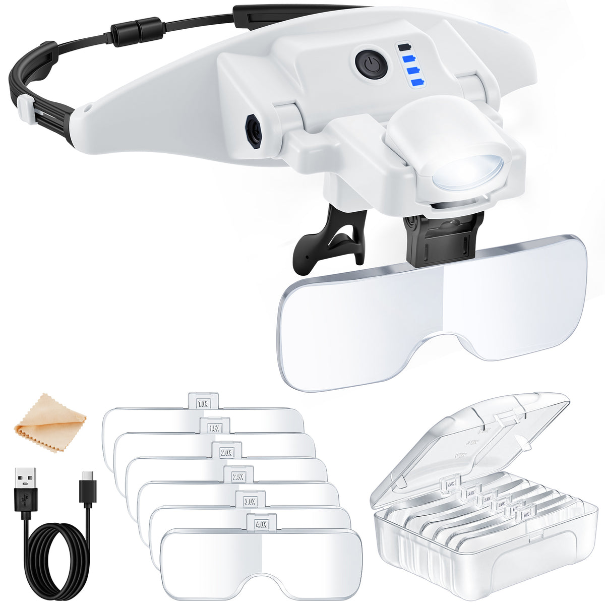 JARLINK Magnifying Glasses with Light, 6 Interchangeable Lens (1.0X-4.0X) & 3 Lighting Modes, Rechargeable Hands-Free Headband Magnifier for Jewelry, Cross Stitch Supplies, Reading, and Close Work