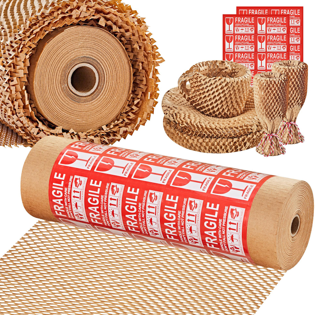 JARLINK Honeycomb Packing Paper, 12 * 200' Bubble Packing Wrap for Packing/Shipping/Moving, Recyclable Honeycomb Cushioning Wrap Roll, Moving & Gifts Wrapping Paper With 20 Fragile Sticker Labels
