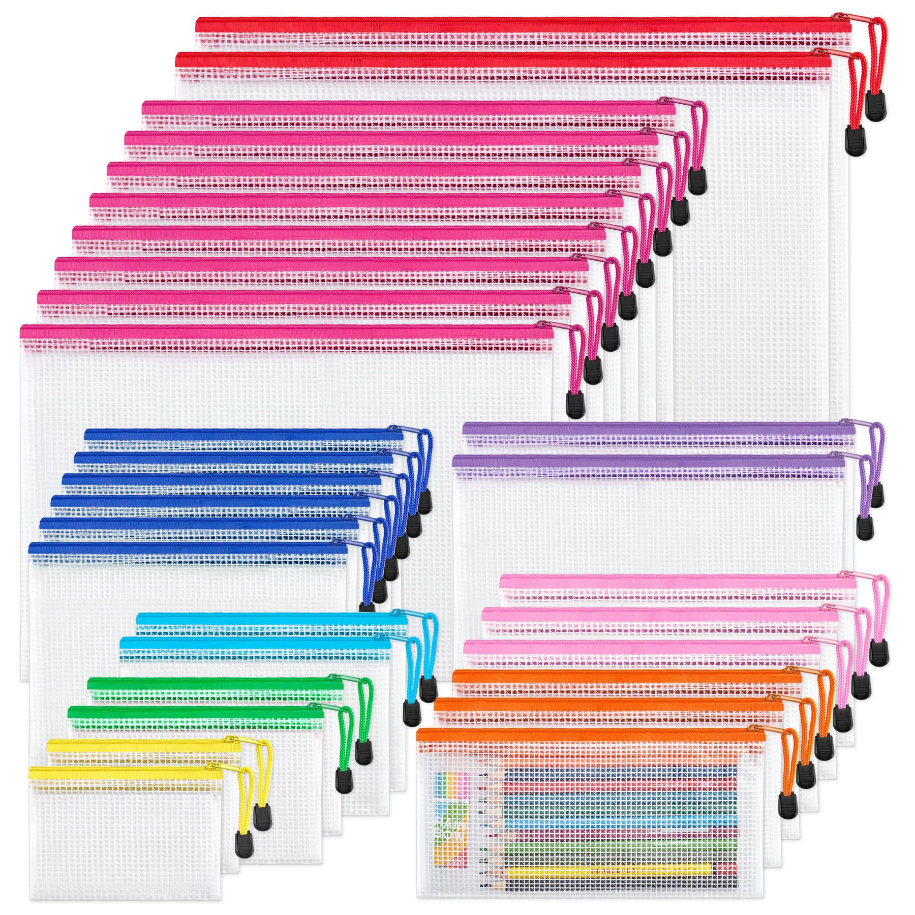 JARLINK 18 Pack 8 Sizes Mesh Pouch, 9 Colors, Waterproof Zipper File Bags Document Multipurpose Travel Bags for Office Supplies Cosmetics Travel Accessories
