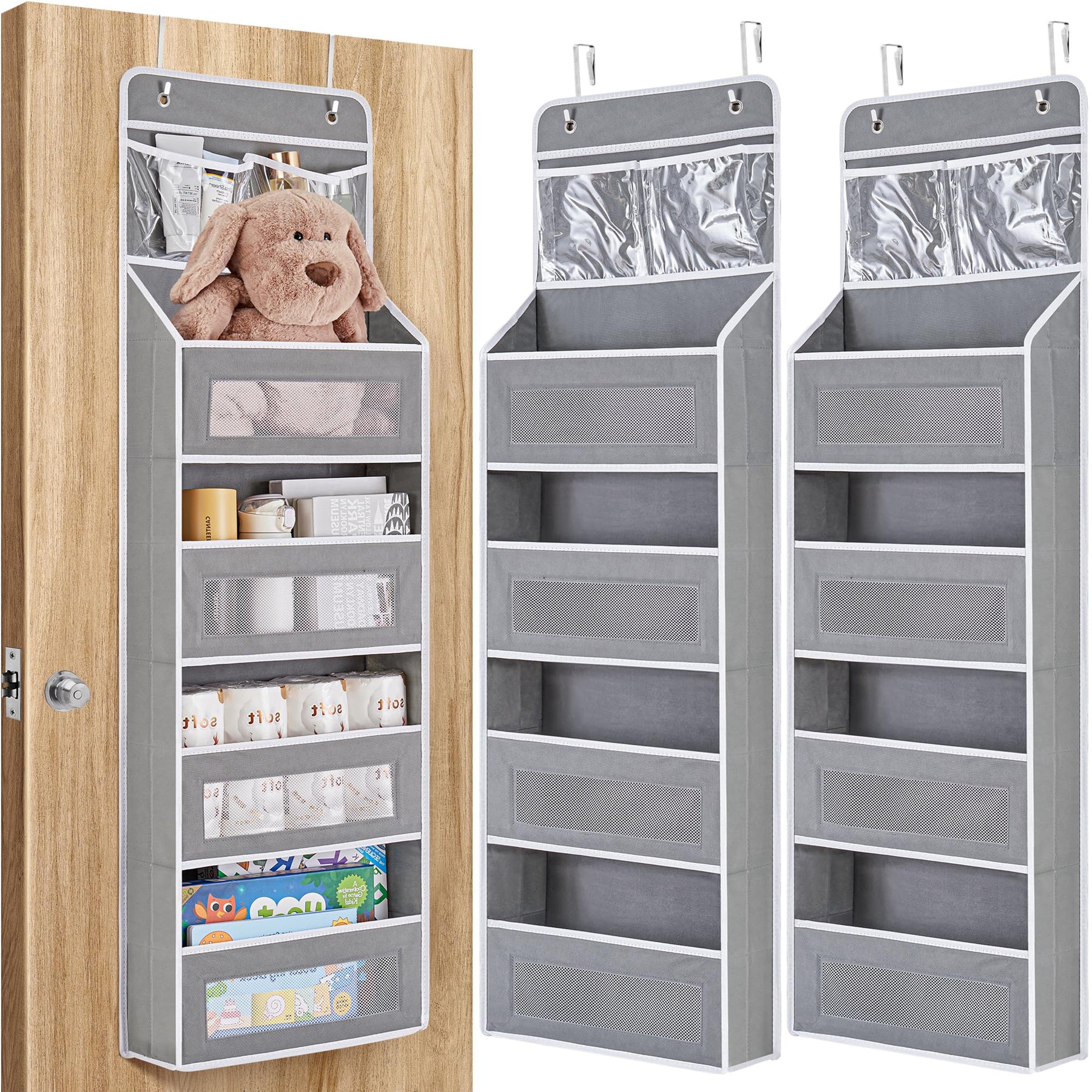 JARLINK 5-Shelf Over Door Organizer Storage, Upgrade Hanging Storage with Clear Window, 50 lbs Load Storage Organizer for Bedroom, Bathroom, Nursery, Baby Kids Toys, Diapers, Pantry, Grey