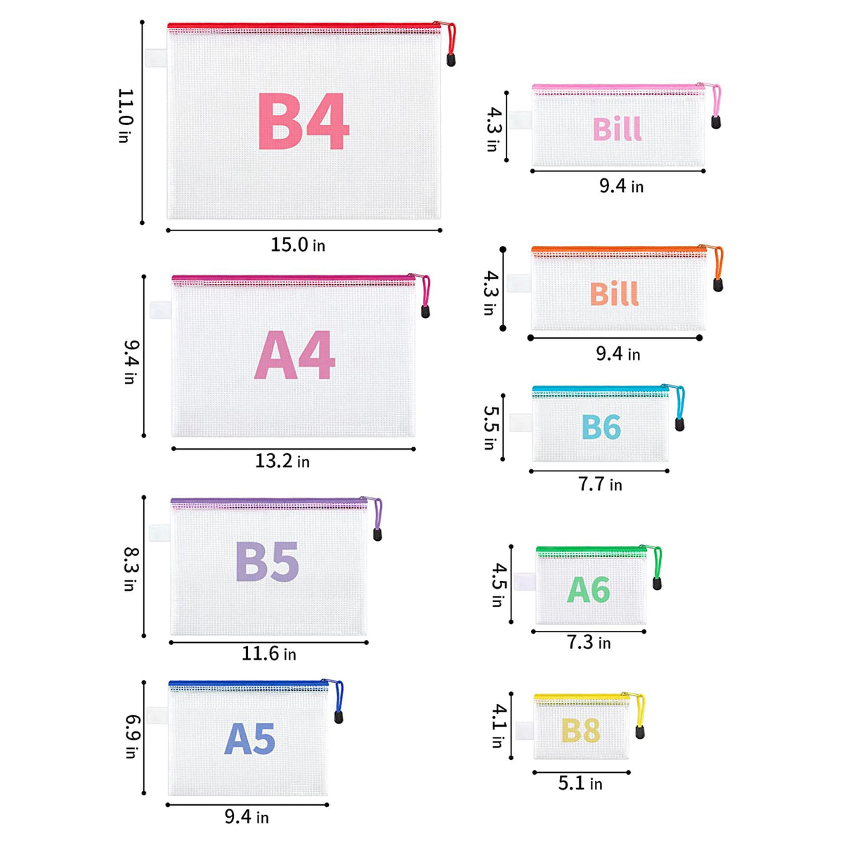 JARLINK 18 Pack 8 Sizes Mesh Pouch, 9 Colors, Waterproof Zipper File Bags Document Multipurpose Travel Bags for Office Supplies Cosmetics Travel Accessories