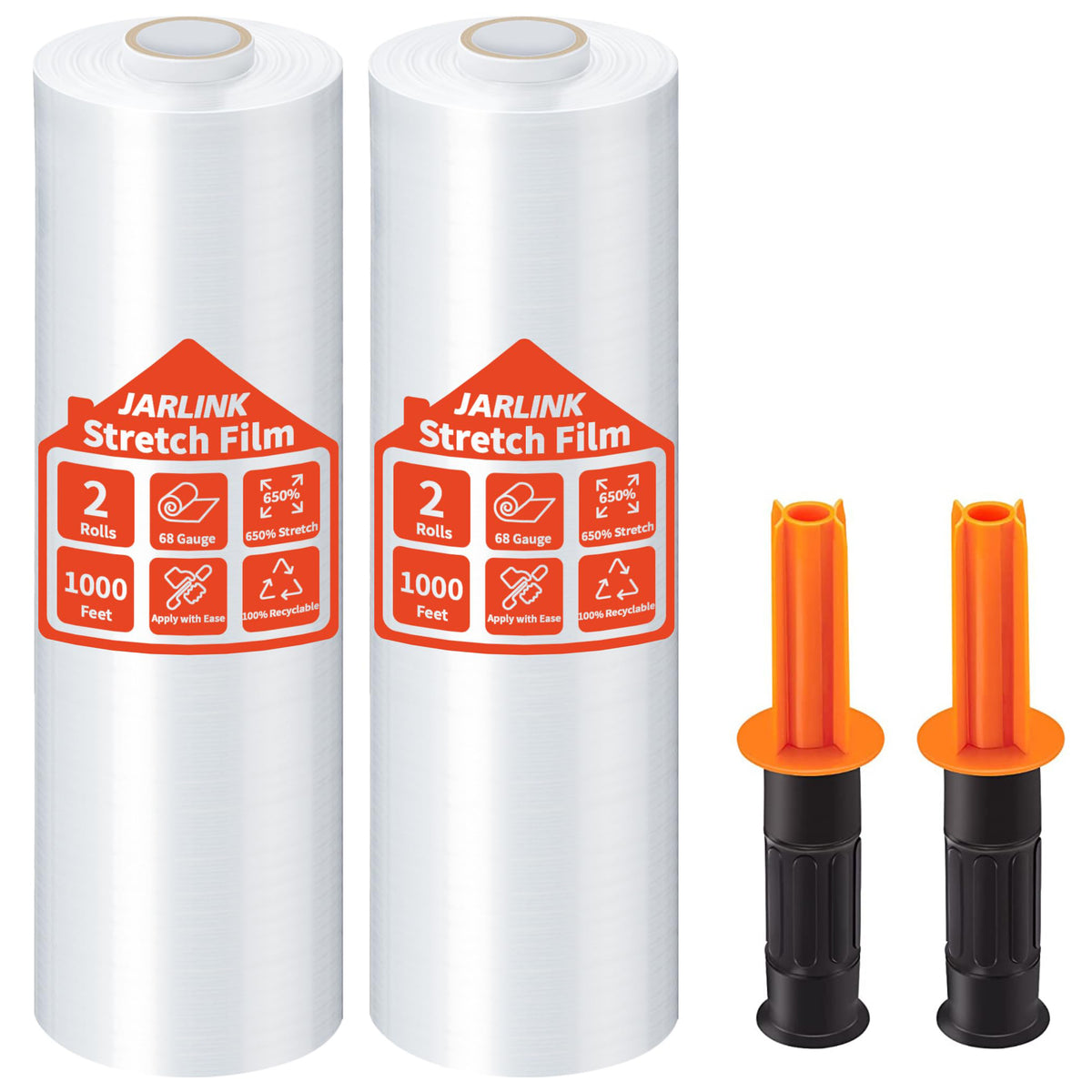 JARLINK 2 Pack Stretch Film, 15" x 1000ft Shrink Wrap for Pallet Wrap, Industrial Strength Stretch up to 650% Stretch with Handles, Self Adhering Packaging Heavy Duty Film for Moving, 68 Gauge, Clear