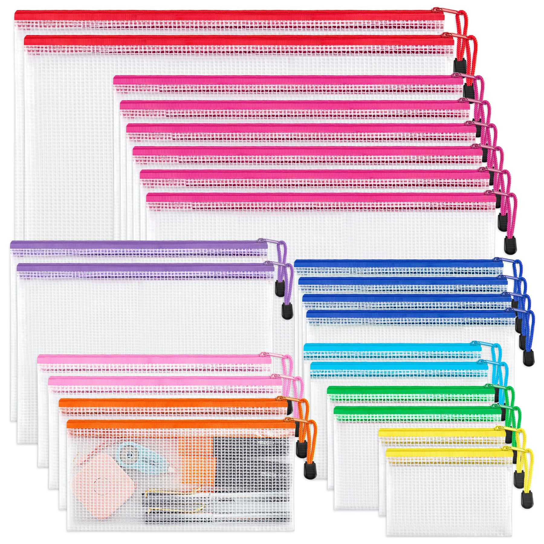 JARLINK 18 Pack 8 Sizes Mesh Pouch, 9 Colors, Waterproof Zipper File Bags Document Multipurpose Travel Bags for Office Supplies Cosmetics Travel Accessories
