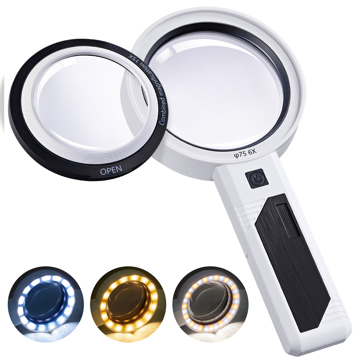 JARLINK Magnifying Glass with Light, Detachable Dual Lenses, 30 LED 3 Modes Lighted Magnifier for Seniors Reading, Close Work, Jewelry, Coins, Crafts