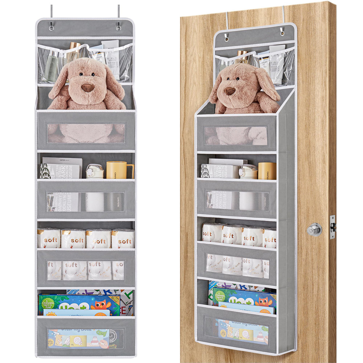 JARLINK 5-Shelf Over Door Organizer Storage, Upgrade Hanging Storage with Clear Window, 50 lbs Load Storage Organizer for Bedroom, Bathroom, Nursery, Baby Kids Toys, Diapers, Pantry, Grey