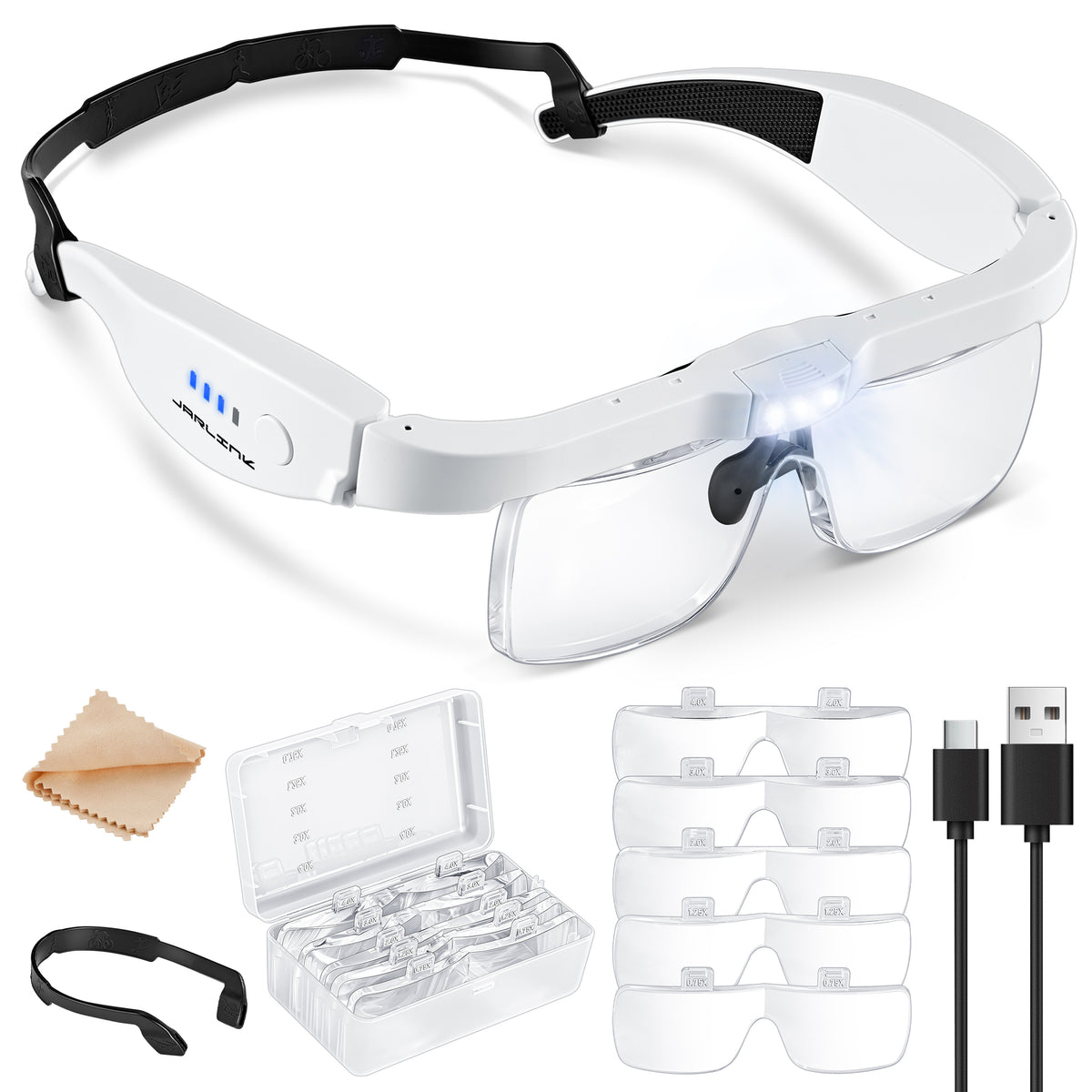 JARLINK Magnifying Glass with Light, Magnifying Glasses with 5 Lenses 0.75-4.0X and 3 LED Lights, Rechargeable Headset Magnifying Glasses for Close Work, Crafts, Reading, Jewelry and Model Makers