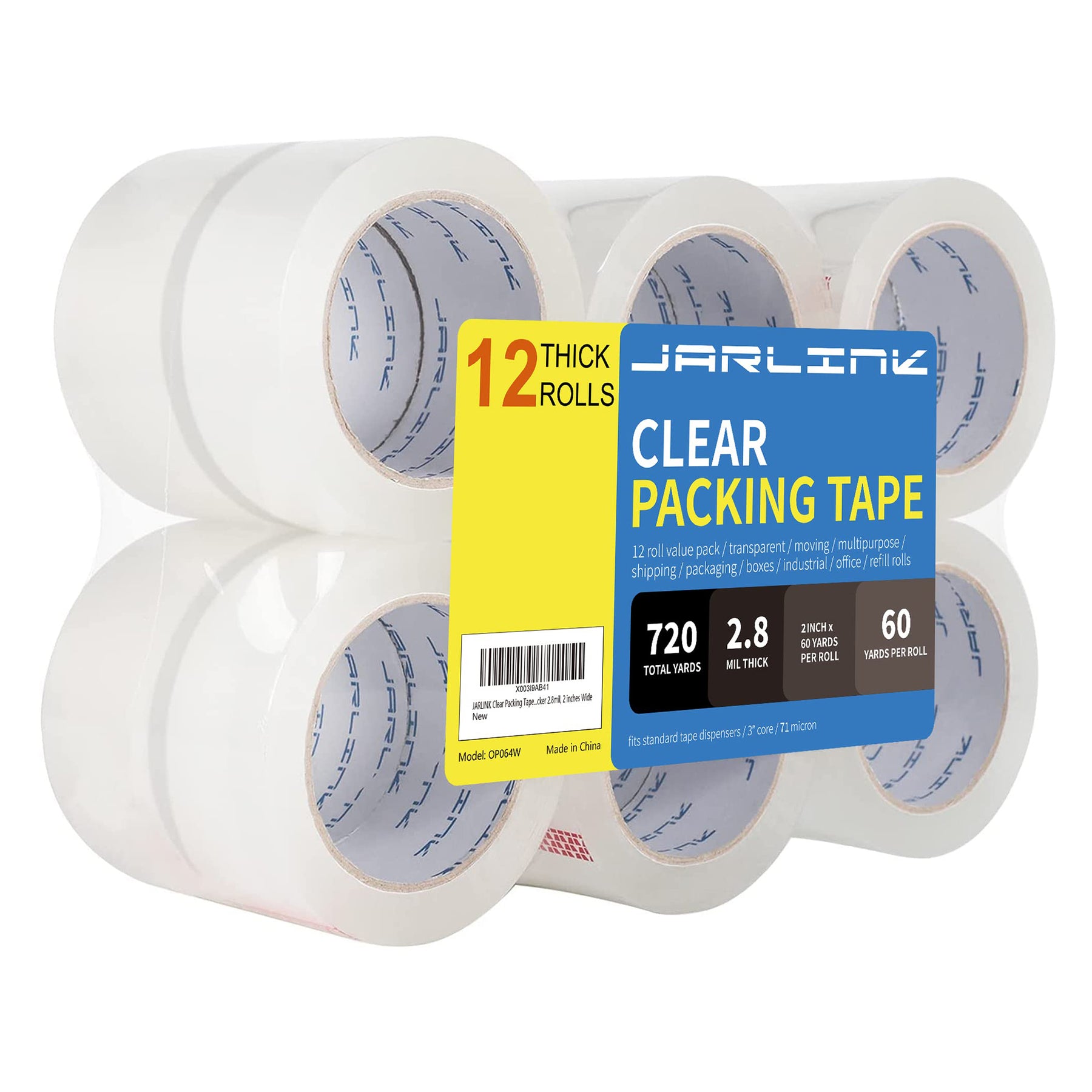 JARLINK Clear Packing Tape (12 Rolls), Heavy Duty Packaging Tape for Shipping Packaging Moving Sealing