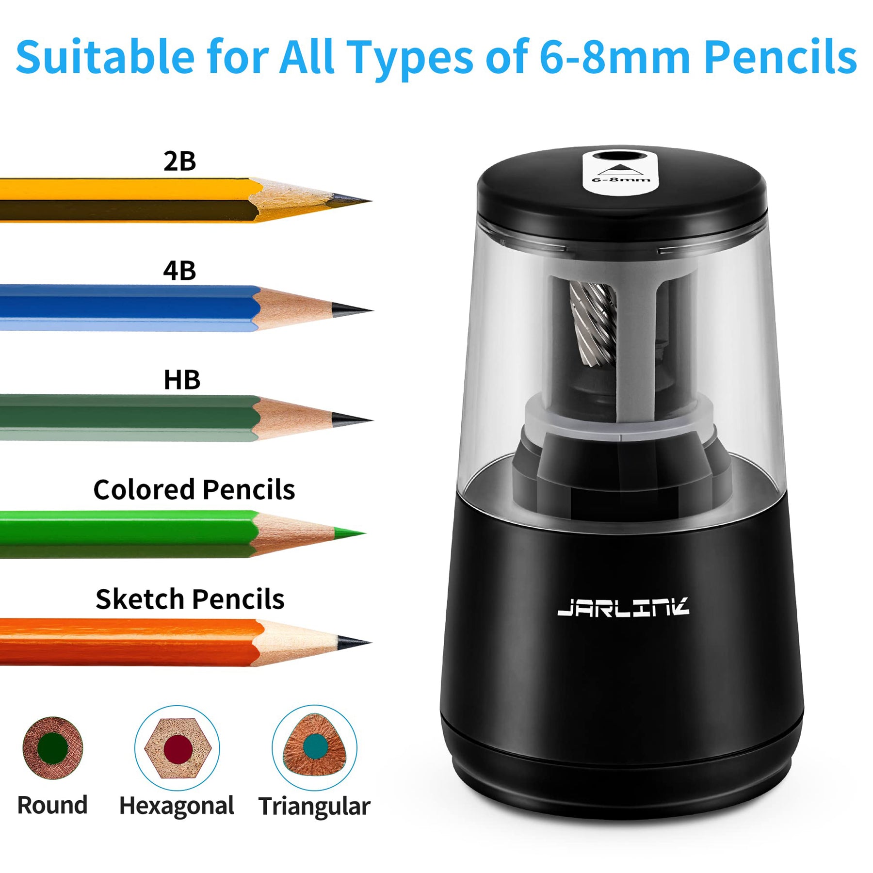 JARLINK Electric Pencil Sharpener, Heavy-duty Helical Blade to Fast Sharpen, Auto Stop for No.2/Colored Pencils(6-8mm), USB/Battery Operated in School Classroom/Office/Home