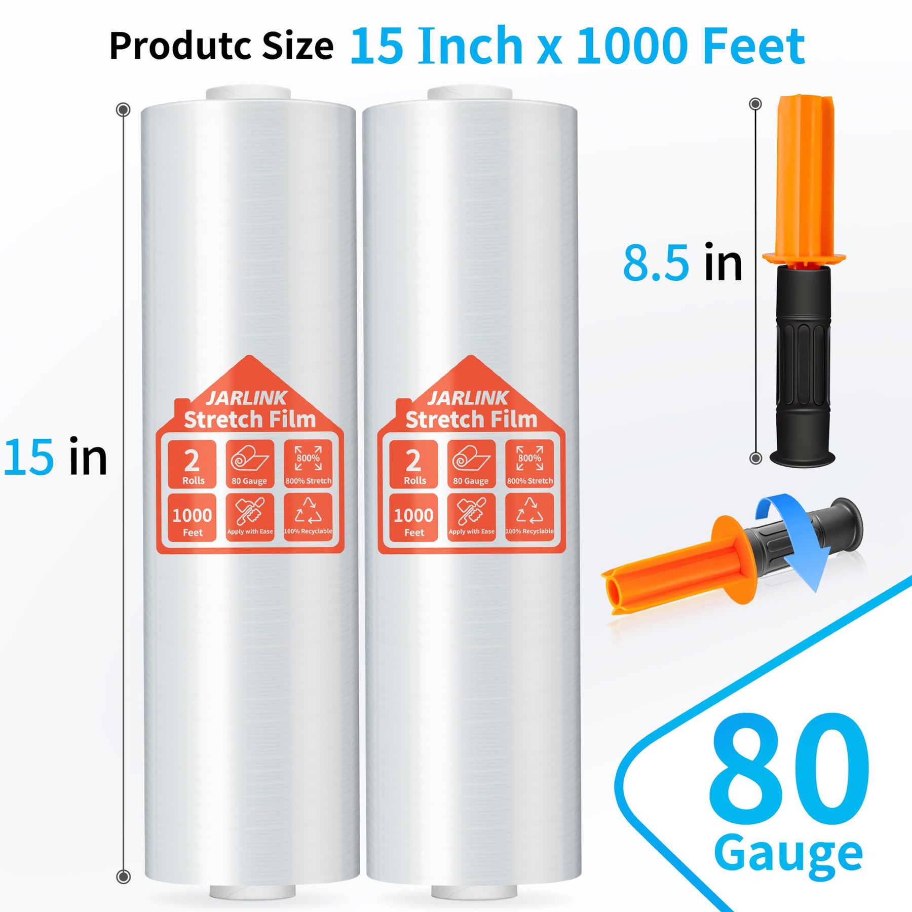 JARLINK 2 Pack Stretch Film, 15" x 1000ft Shrink Wrap for Pallet Wrap, Industrial Strength Stretch up to 650% Stretch with Handles, Self Adhering Packaging Heavy Duty Film for Moving, 68 Gauge, Clear