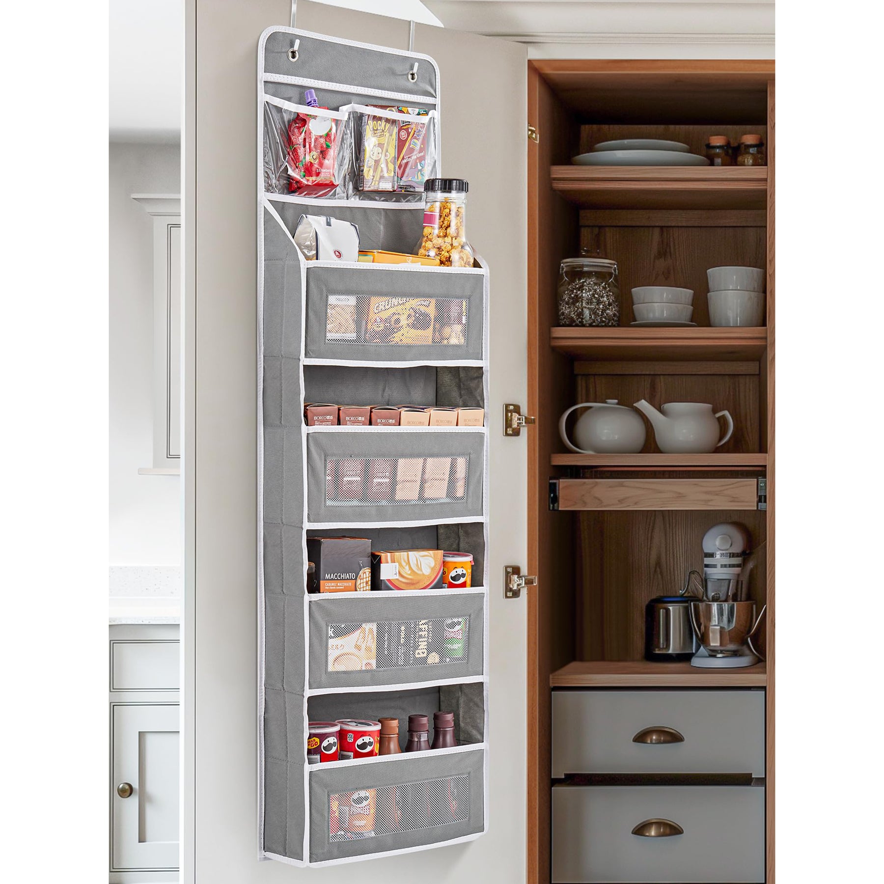 JARLINK 5-Shelf Over Door Organizer Storage, Upgrade Hanging Storage with Clear Window, 50 lbs Load Storage Organizer for Bedroom, Bathroom, Nursery, Baby Kids Toys, Diapers, Pantry, Grey