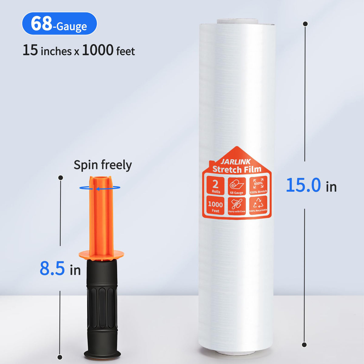 JARLINK 2 Pack Stretch Film, 15" x 1000ft Shrink Wrap for Pallet Wrap, Industrial Strength Stretch up to 650% Stretch with Handles, Self Adhering Packaging Heavy Duty Film for Moving, 68 Gauge, Clear