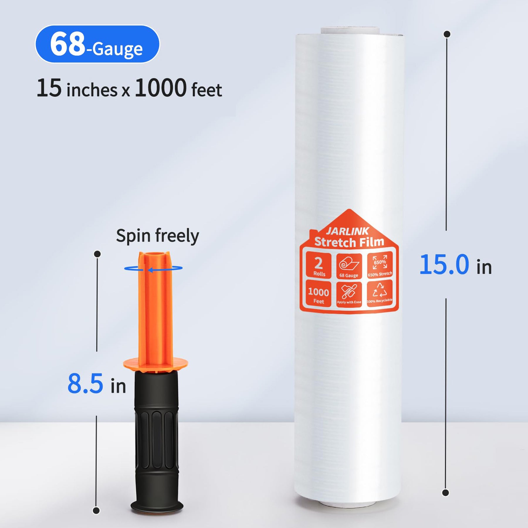 JARLINK 2 Pack Stretch Film, 15" x 1000ft Shrink Wrap for Pallet Wrap, Industrial Strength Stretch up to 650% Stretch with Handles, Self Adhering Packaging Heavy Duty Film for Moving, 68 Gauge, Clear