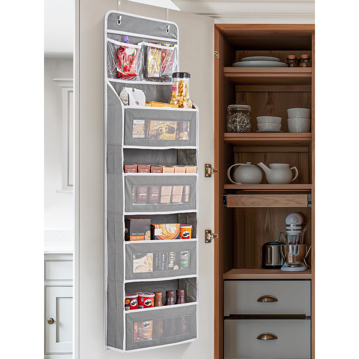 JARLINK 5-Shelf Over Door Organizer Storage, Upgrade Hanging Storage with Clear Window, 50 lbs Load Storage Organizer for Bedroom, Bathroom, Nursery, Baby Kids Toys, Diapers, Pantry, Grey