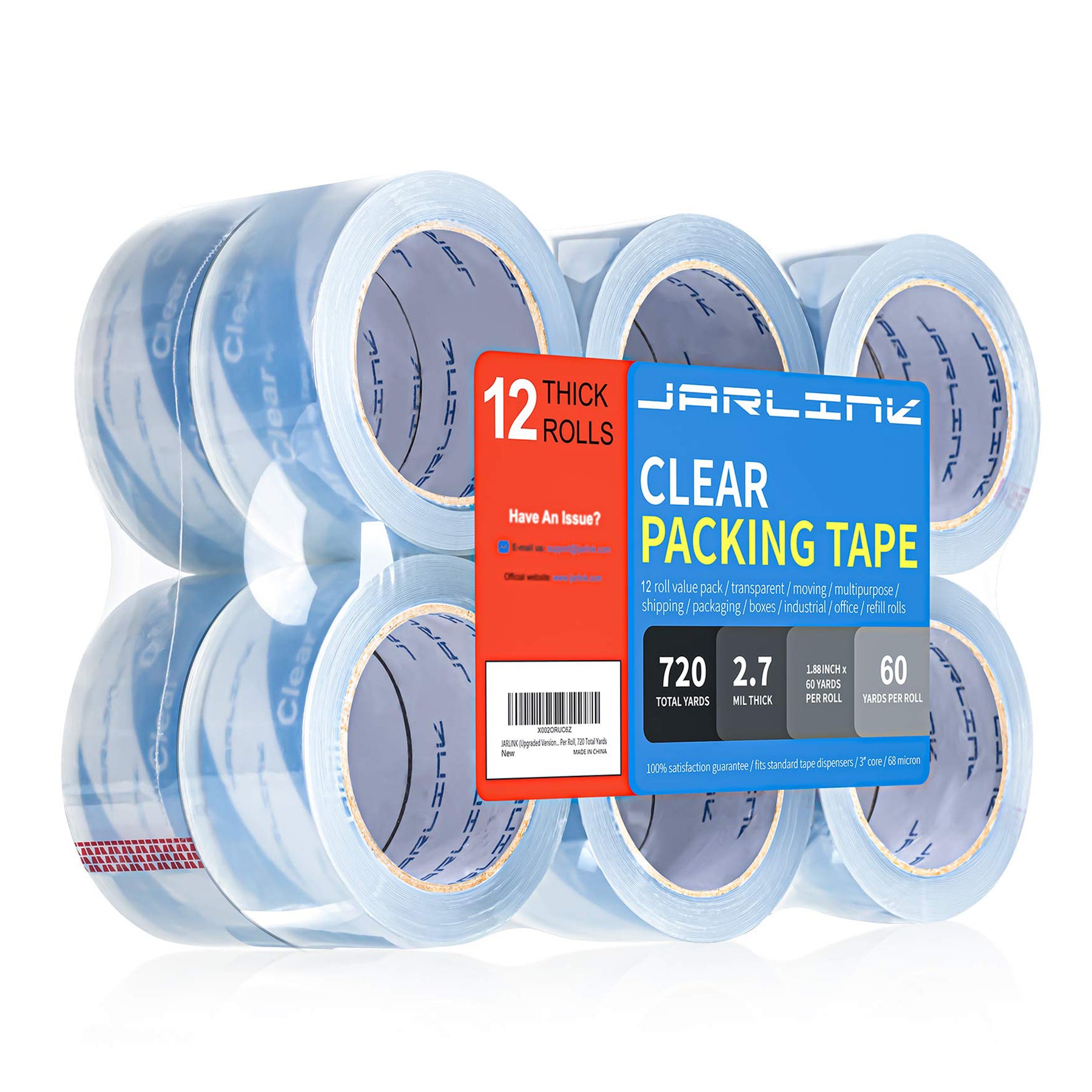 JARLINK Upgraded Version Clearer Packing Tape 12 Rolls, Heavy Duty Packaging Tape for Shipping Packaging Moving Sealing, 2.7mil Thick, 1.88 inches Wide, 60 Yards Per Roll, 720 Total Yards