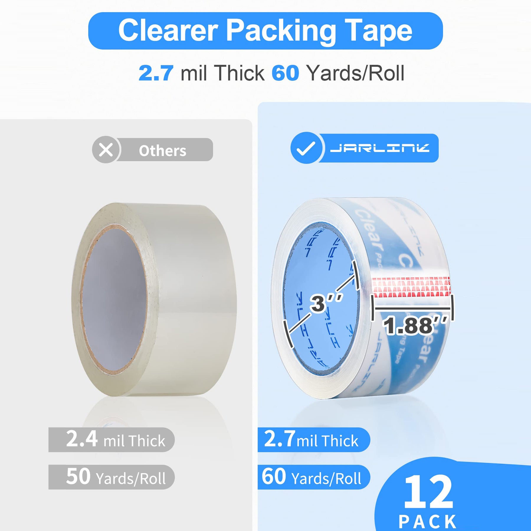 JARLINK Upgraded Version Clearer Packing Tape 12 Rolls, Heavy Duty Packaging Tape for Shipping Packaging Moving Sealing, 2.7mil Thick, 1.88 inches Wide, 60 Yards Per Roll, 720 Total Yards