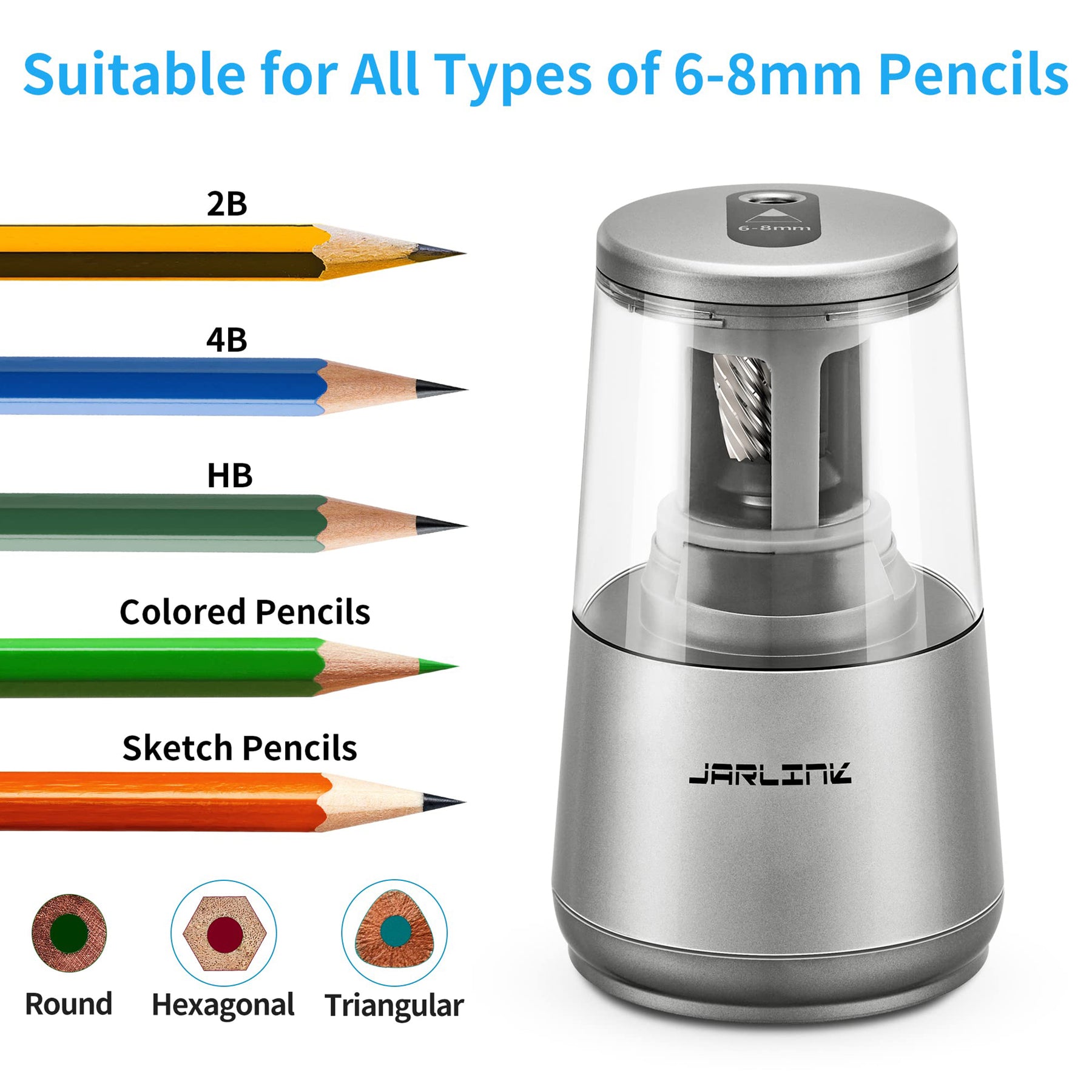 JARLINK Electric Pencil Sharpener, Heavy-duty Helical Blade to Fast Sharpen, Auto Stop for No.2/Colored Pencils(6-8mm), USB/Battery Operated in School Classroom/Office/Home