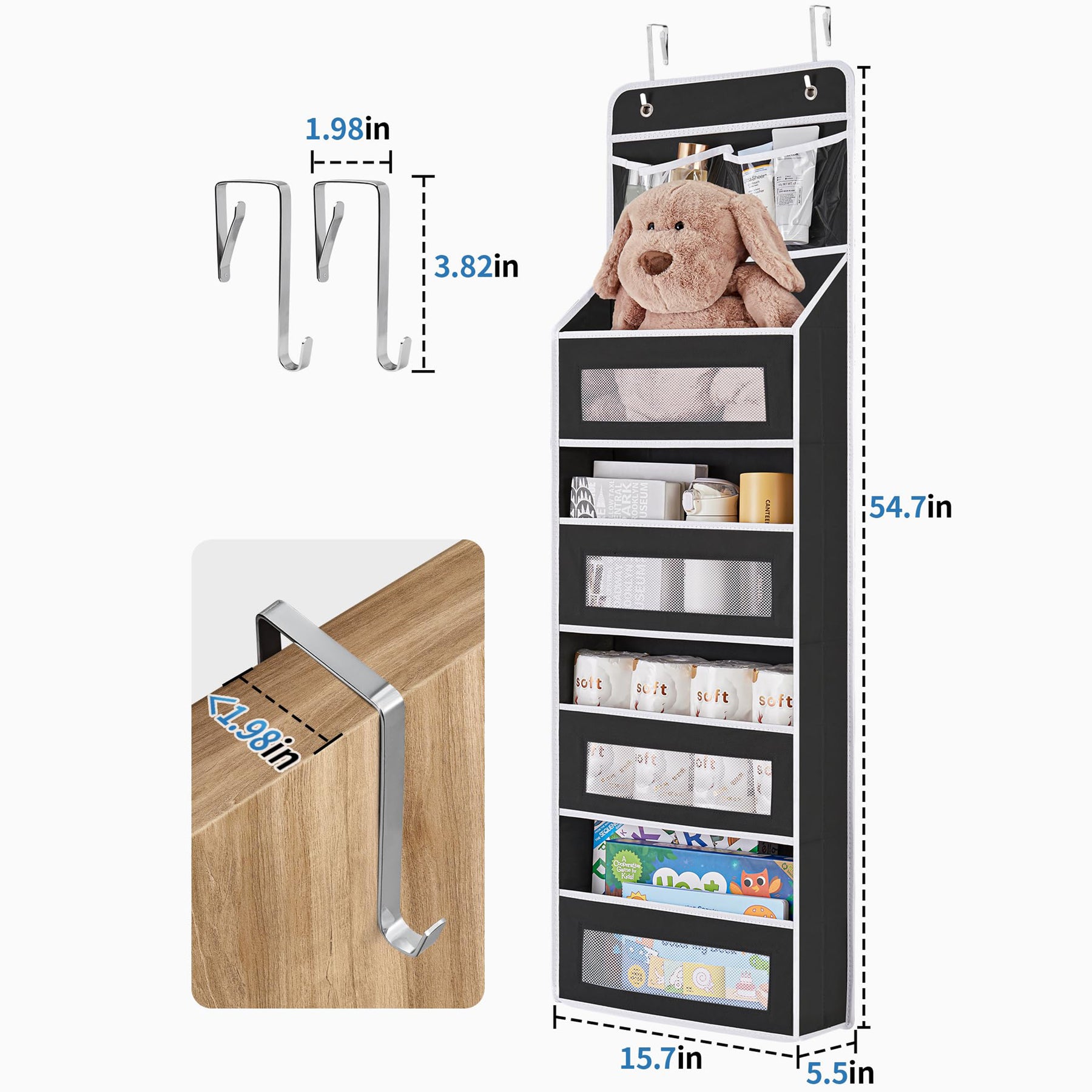 JARLINK 5-Shelf Over Door Organizer Storage, Upgrade Hanging Storage with Clear Window, 50 lbs Load Storage Organizer for Bedroom, Bathroom, Nursery, Baby Kids Toys, Diapers, Pantry, Grey