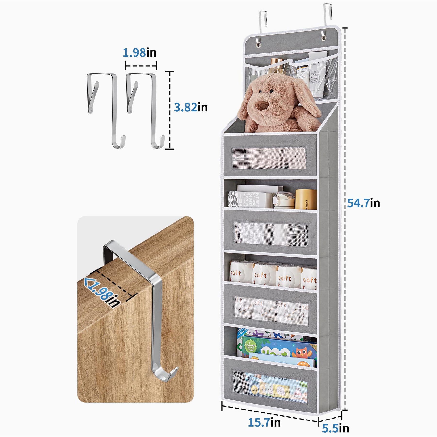 JARLINK 5-Shelf Over Door Organizer Storage, Upgrade Hanging Storage with Clear Window, 50 lbs Load Storage Organizer for Bedroom, Bathroom, Nursery, Baby Kids Toys, Diapers, Pantry, Grey