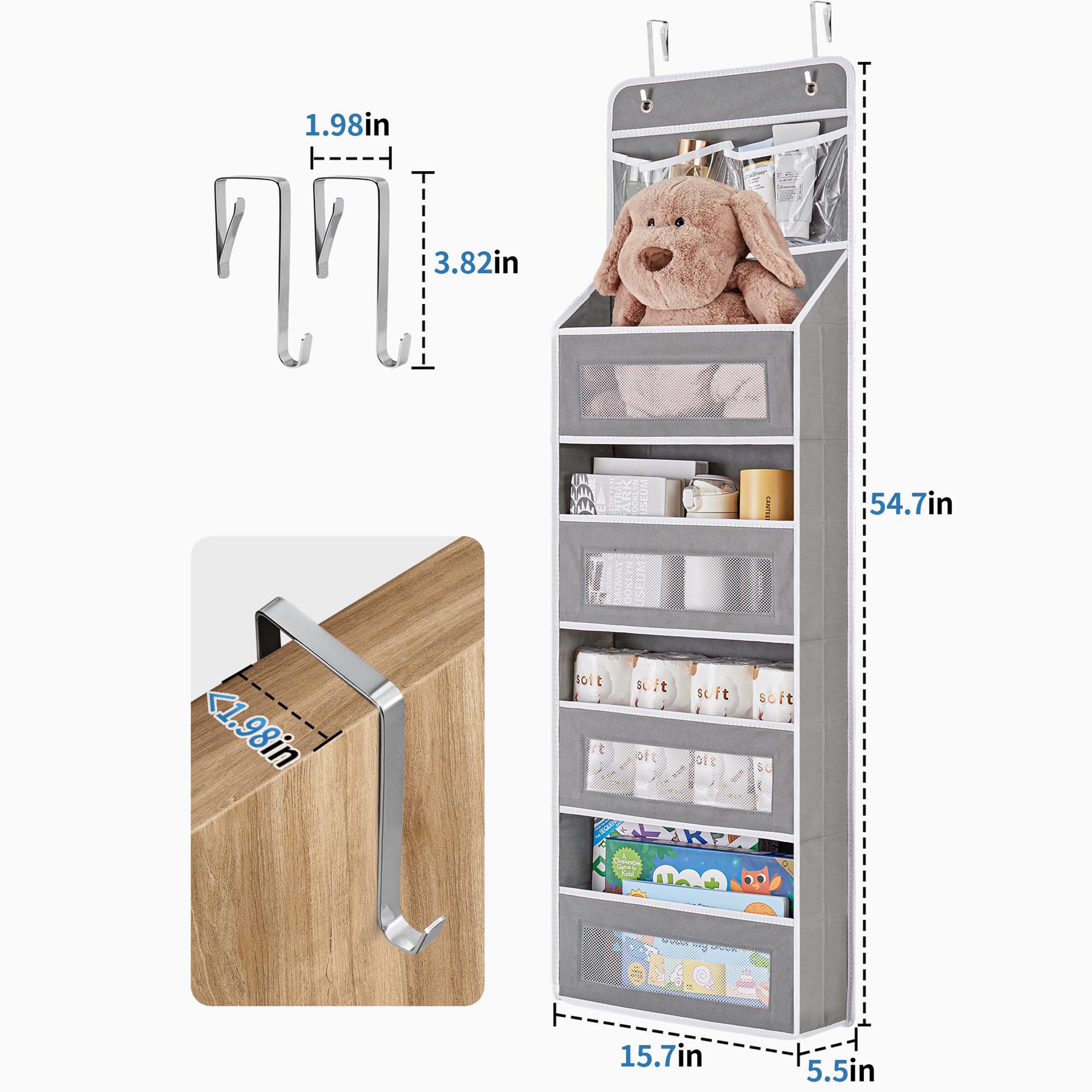 JARLINK 5-Shelf Over Door Organizer Storage, Upgrade Hanging Storage with Clear Window, 50 lbs Load Storage Organizer for Bedroom, Bathroom, Nursery, Baby Kids Toys, Diapers, Pantry, Grey