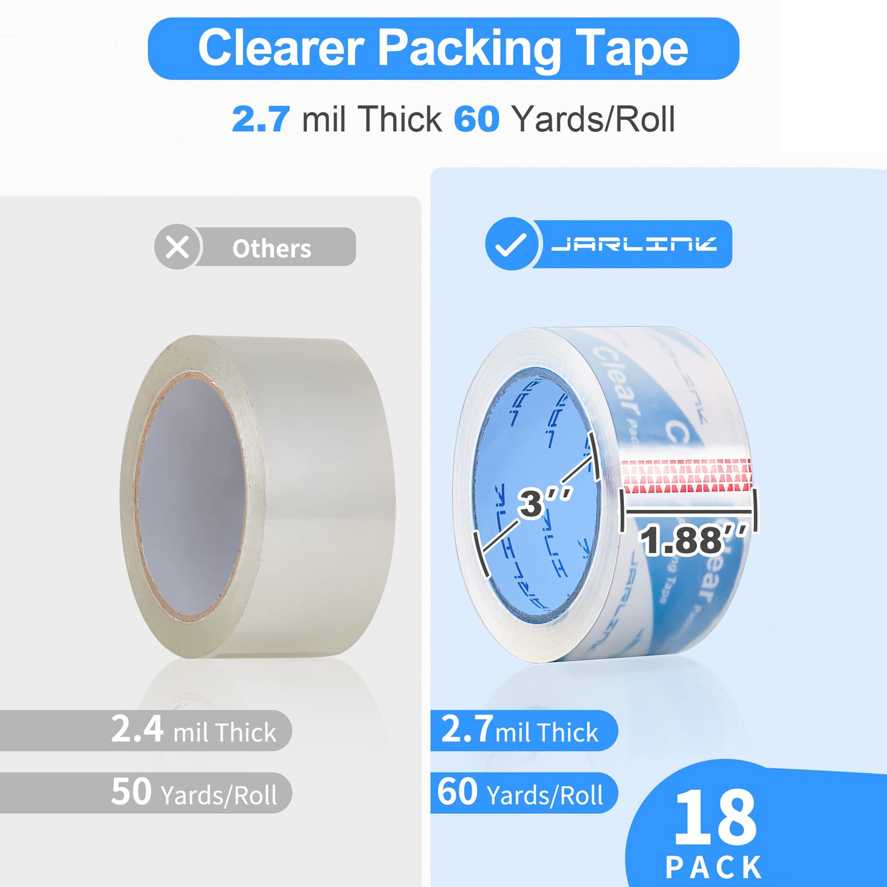 JARLINK Upgraded Version Clearer Packing Tape 12 Rolls, Heavy Duty Packaging Tape for Shipping Packaging Moving Sealing, 2.7mil Thick, 1.88 inches Wide, 60 Yards Per Roll, 720 Total Yards