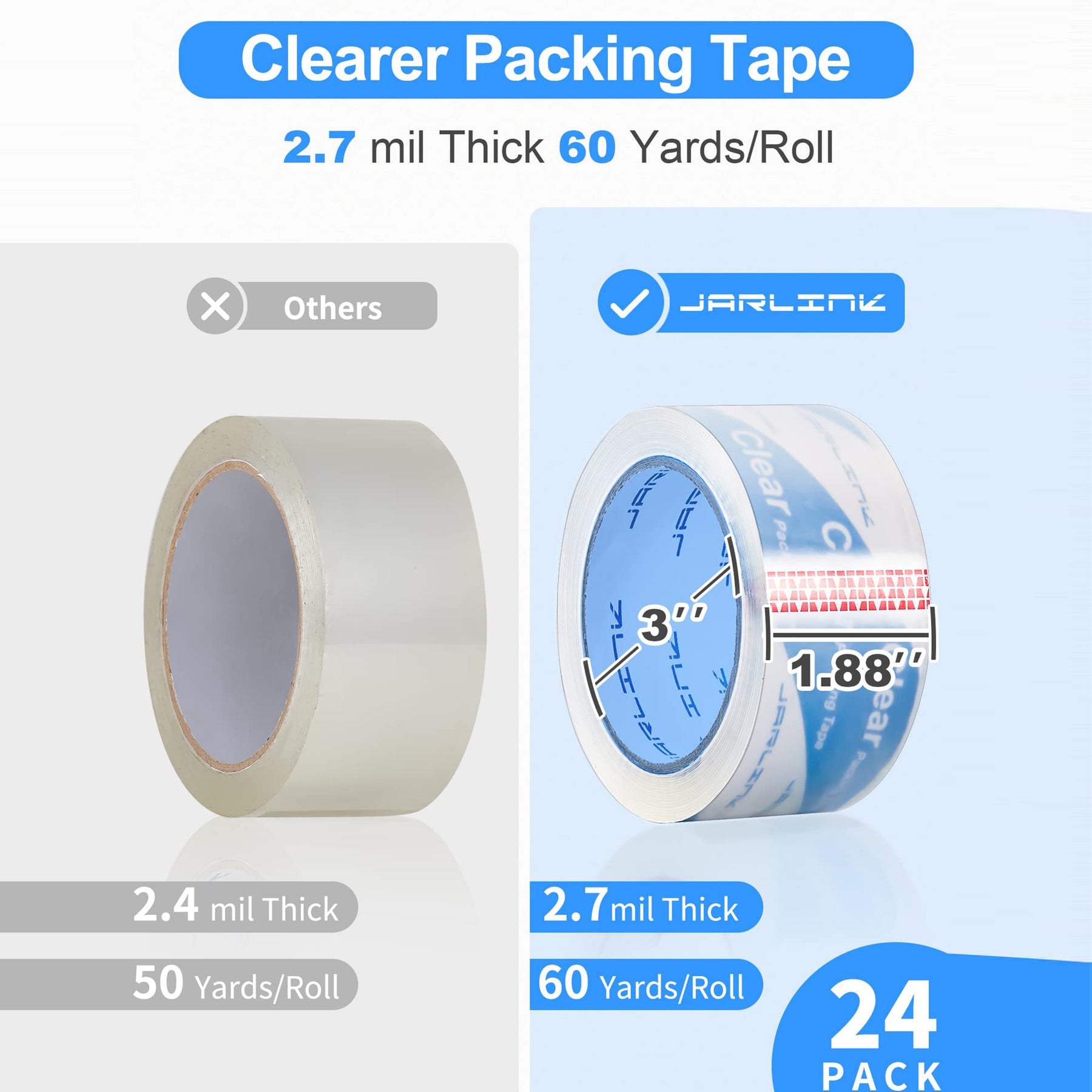 JARLINK Upgraded Version Clearer Packing Tape 12 Rolls, Heavy Duty Packaging Tape for Shipping Packaging Moving Sealing, 2.7mil Thick, 1.88 inches Wide, 60 Yards Per Roll, 720 Total Yards