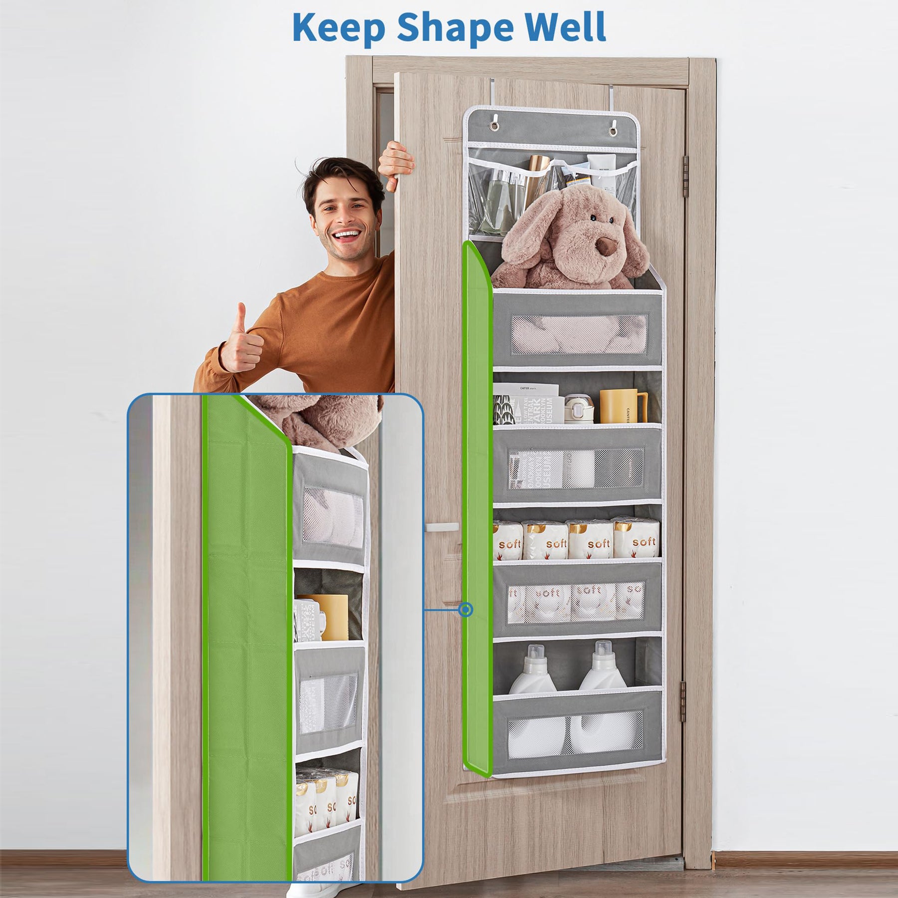 JARLINK 5-Shelf Over Door Organizer Storage, Upgrade Hanging Storage with Clear Window, 50 lbs Load Storage Organizer for Bedroom, Bathroom, Nursery, Baby Kids Toys, Diapers, Pantry, Grey