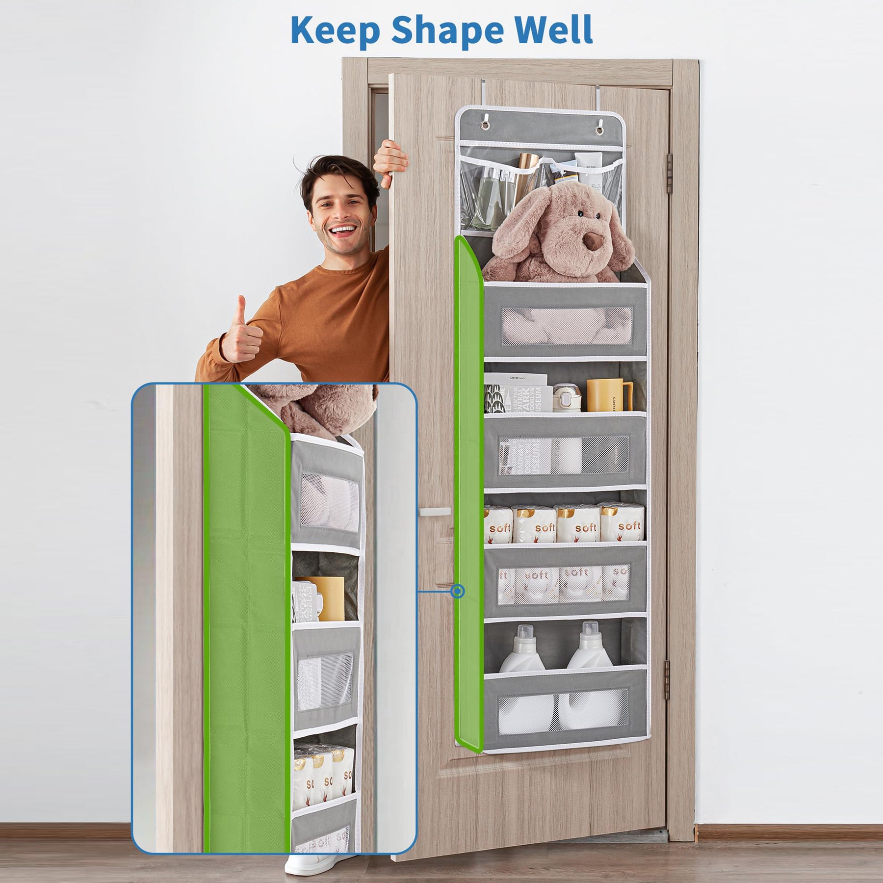 JARLINK 5-Shelf Over Door Organizer Storage, Upgrade Hanging Storage with Clear Window, 50 lbs Load Storage Organizer for Bedroom, Bathroom, Nursery, Baby Kids Toys, Diapers, Pantry, Grey