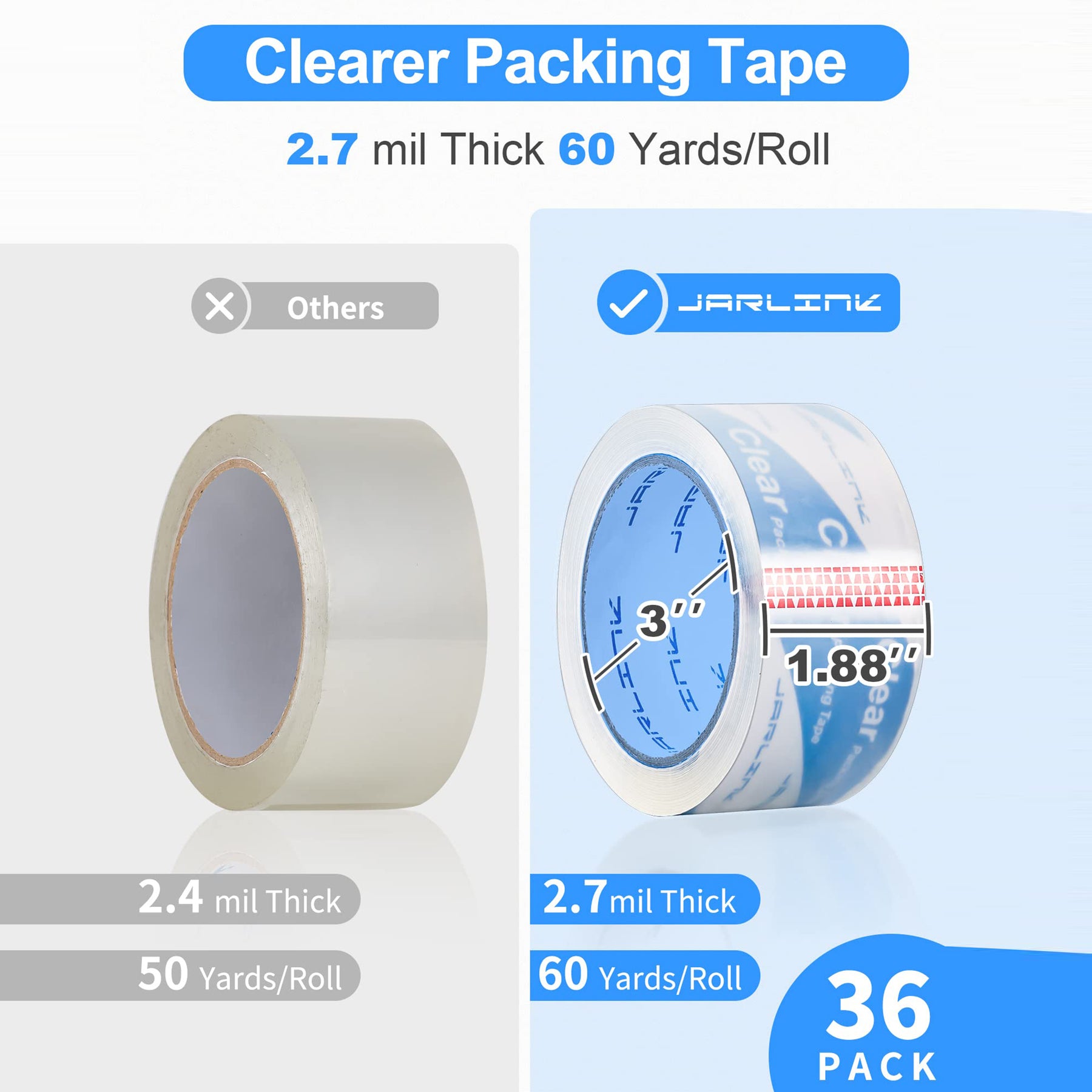 JARLINK Upgraded Version Clearer Packing Tape 12 Rolls, Heavy Duty Packaging Tape for Shipping Packaging Moving Sealing, 2.7mil Thick, 1.88 inches Wide, 60 Yards Per Roll, 720 Total Yards