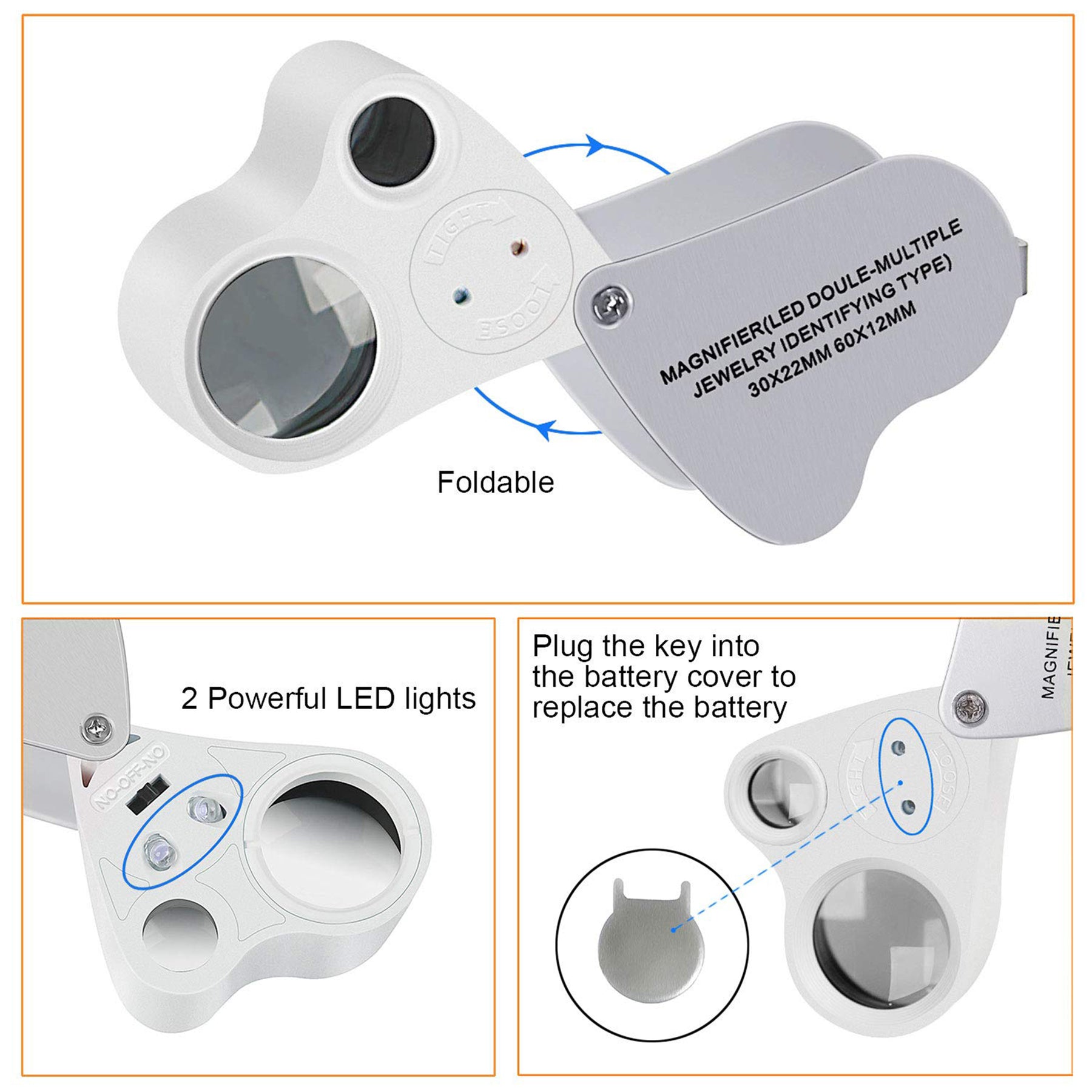 JARLINK 30X 60X Illuminated Jewelers Eye Loupe Magnifier