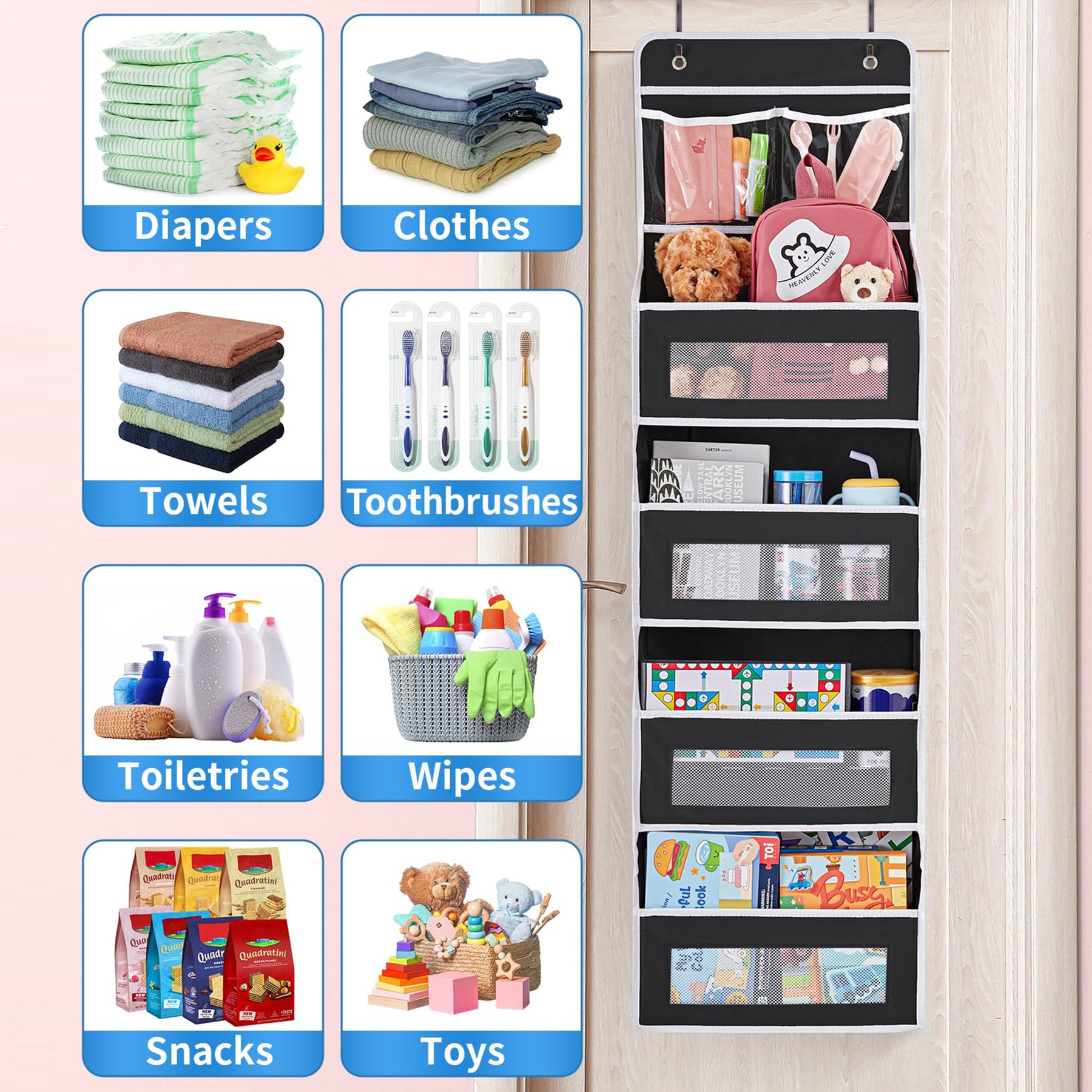 JARLINK 5-Shelf Over Door Organizer Storage, Upgrade Hanging Storage with Clear Window, 50 lbs Load Storage Organizer for Bedroom, Bathroom, Nursery, Baby Kids Toys, Diapers, Pantry, Grey