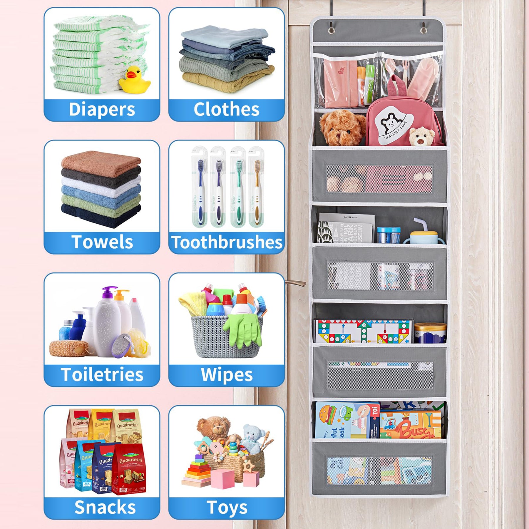 JARLINK 5-Shelf Over Door Organizer Storage, Upgrade Hanging Storage with Clear Window, 50 lbs Load Storage Organizer for Bedroom, Bathroom, Nursery, Baby Kids Toys, Diapers, Pantry, Grey
