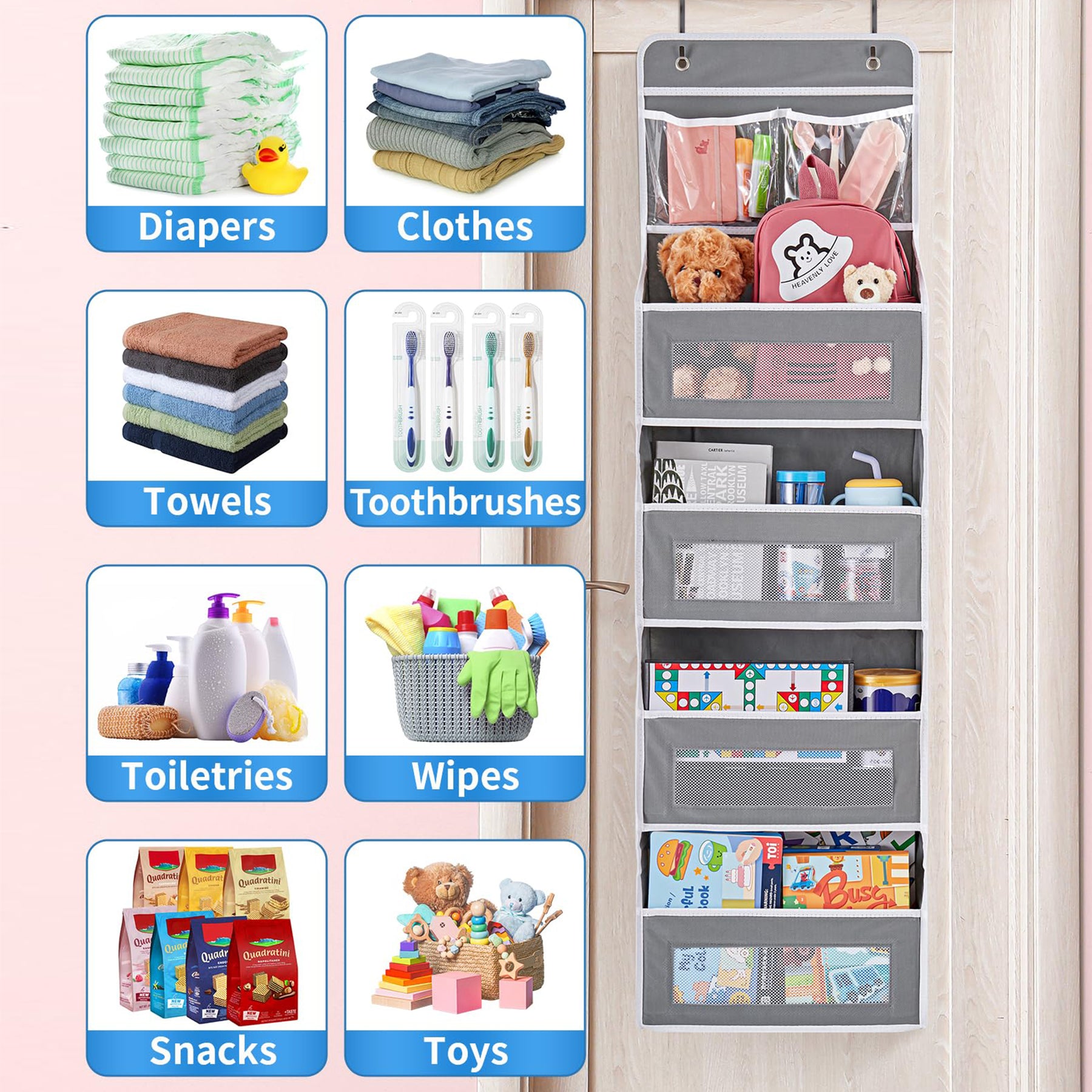 JARLINK 5-Shelf Over Door Organizer Storage, Upgrade Hanging Storage with Clear Window, 50 lbs Load Storage Organizer for Bedroom, Bathroom, Nursery, Baby Kids Toys, Diapers, Pantry, Grey