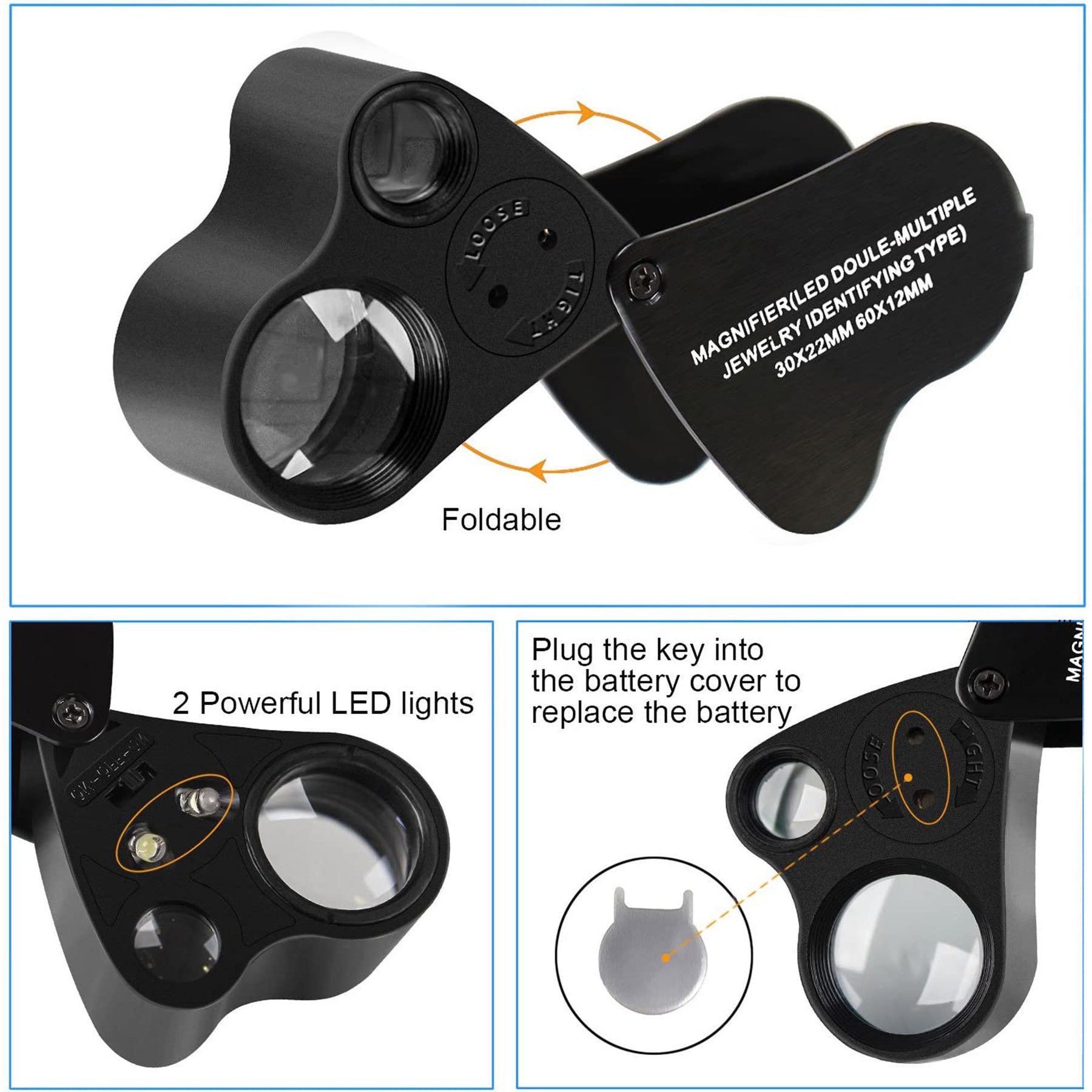 JARLINK 2 Pack 30X 60X Illuminated Jewelers Eye Loupe Magnifier