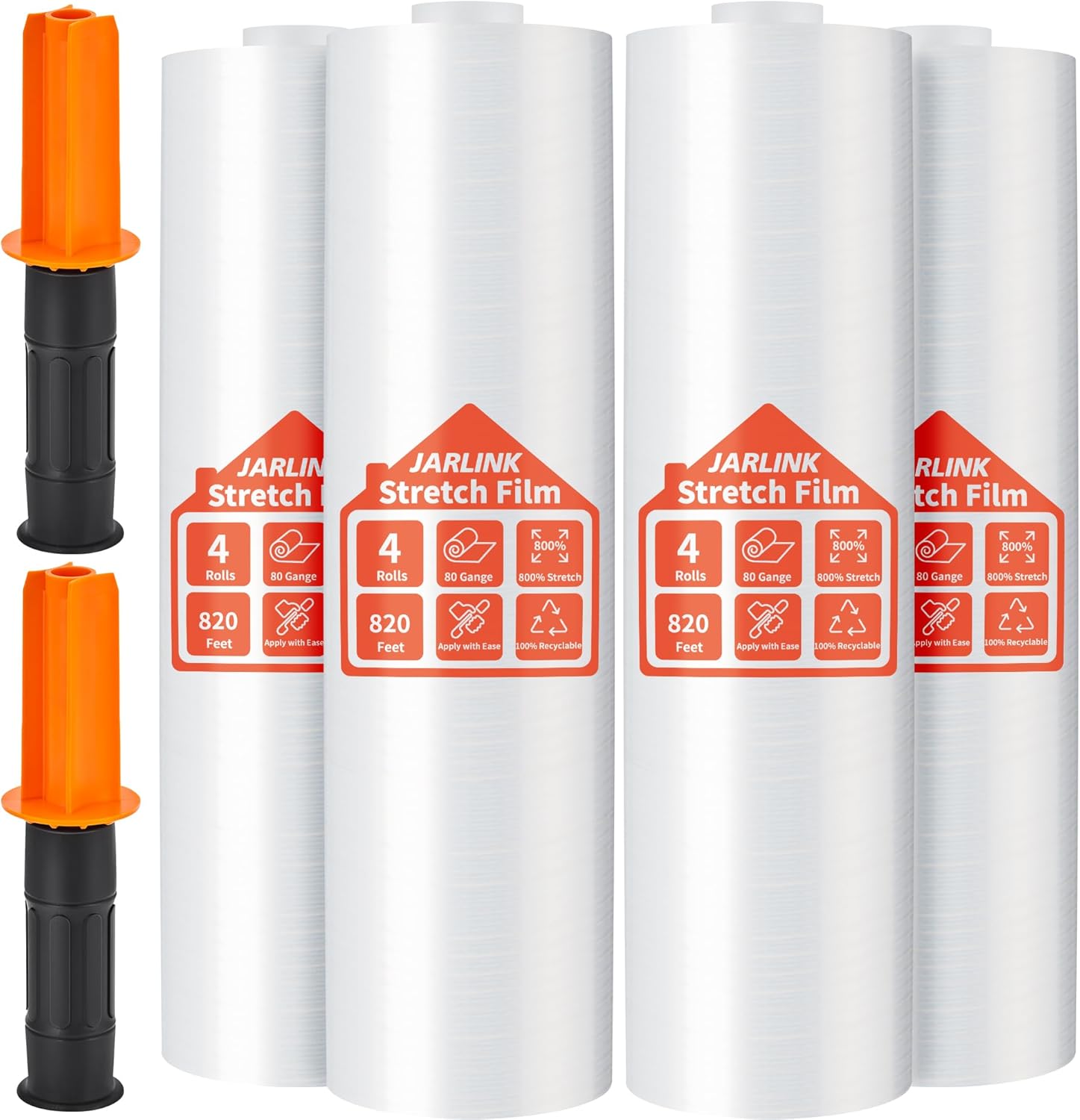 JARLINK 2 Pack Stretch Film, 15" x 1000ft Shrink Wrap for Pallet Wrap, Industrial Strength Stretch up to 650% Stretch with Handles, Self Adhering Packaging Heavy Duty Film for Moving, 68 Gauge, Clear