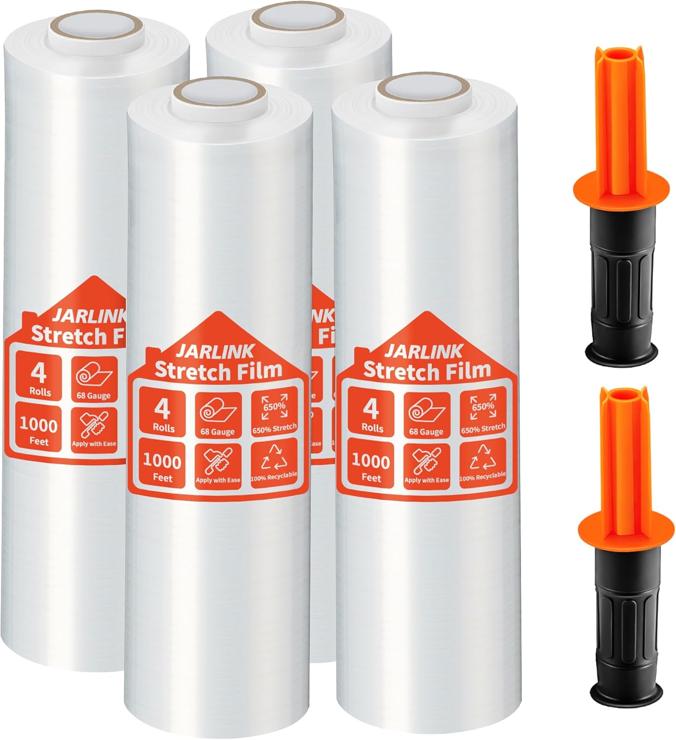 JARLINK 2 Pack Stretch Film, 15" x 1000ft Shrink Wrap for Pallet Wrap, Industrial Strength Stretch up to 650% Stretch with Handles, Self Adhering Packaging Heavy Duty Film for Moving, 68 Gauge, Clear