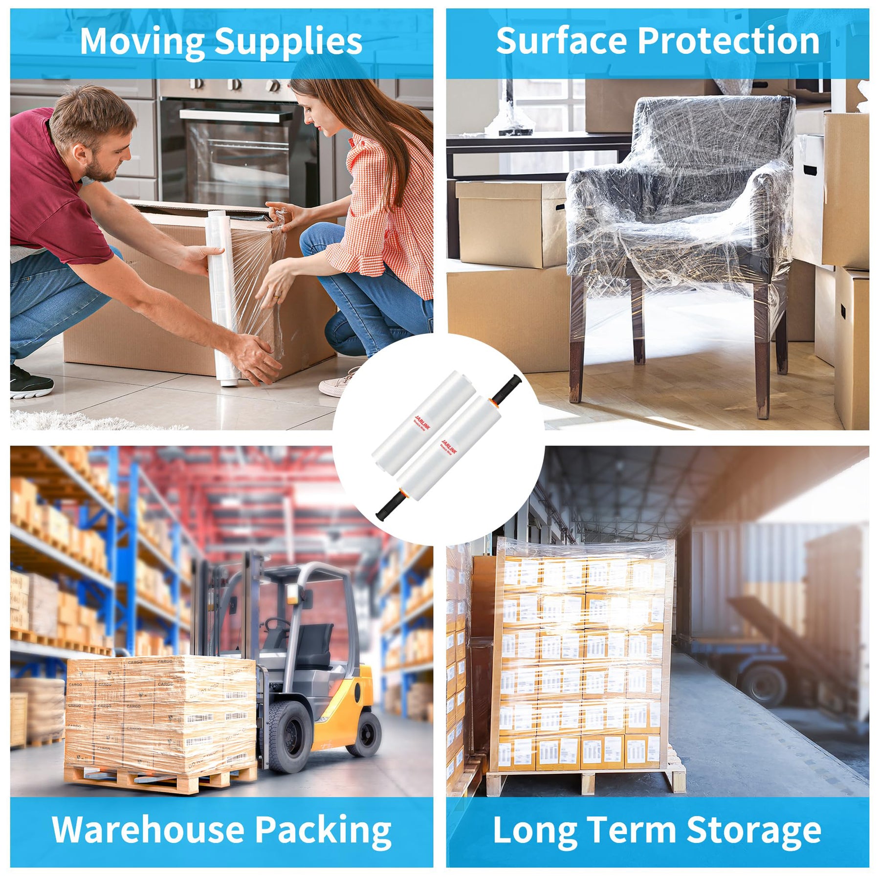 JARLINK 2 Pack Stretch Film, 15" x 1000ft Shrink Wrap for Pallet Wrap, Industrial Strength Stretch up to 650% Stretch with Handles, Self Adhering Packaging Heavy Duty Film for Moving, 68 Gauge, Clear