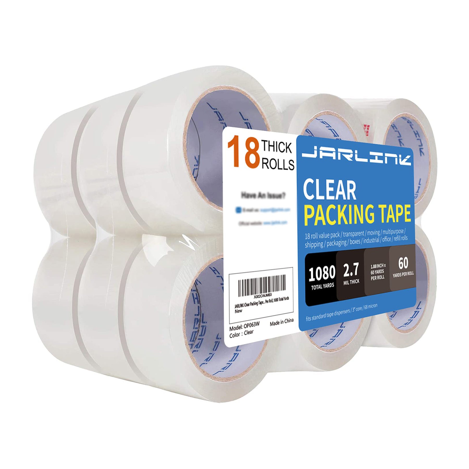 JARLINK Clear Packing Tape (18 Rolls), Heavy Duty Packaging Tape for Shipping Packaging Moving Sealing, 2.7mil Thick, 1.88 inches Wide, 60 Yards Per Roll, 1080 Total Yards