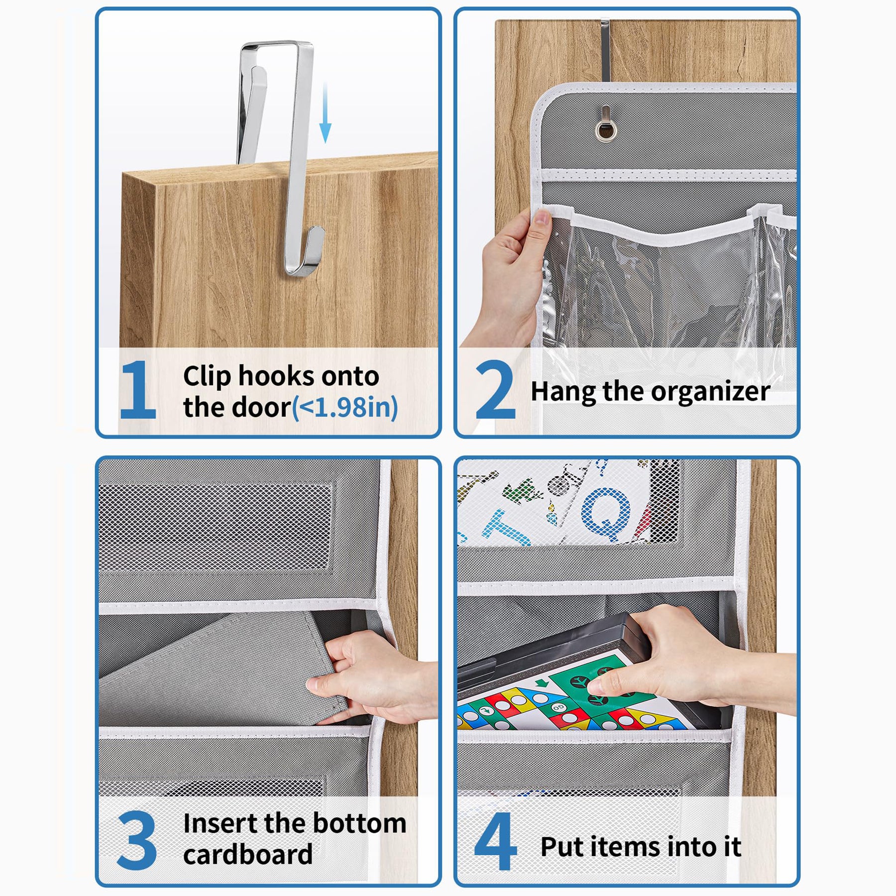JARLINK 5-Shelf Over Door Organizer Storage, Upgrade Hanging Storage with Clear Window, 50 lbs Load Storage Organizer for Bedroom, Bathroom, Nursery, Baby Kids Toys, Diapers, Pantry, Grey