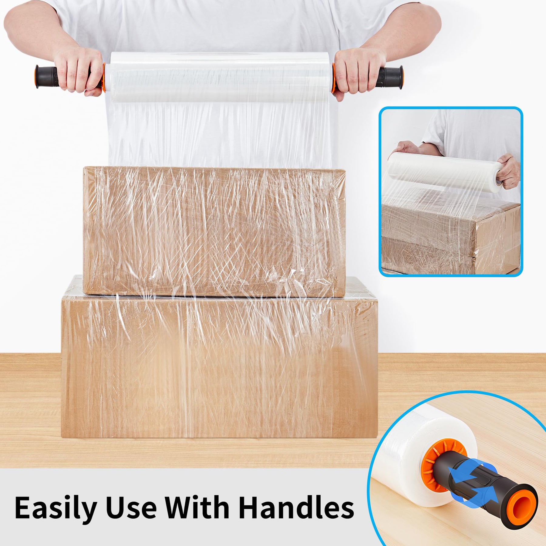 JARLINK 2 Pack Stretch Film, 15" x 1000ft Shrink Wrap for Pallet Wrap, Industrial Strength Stretch up to 650% Stretch with Handles, Self Adhering Packaging Heavy Duty Film for Moving, 68 Gauge, Clear