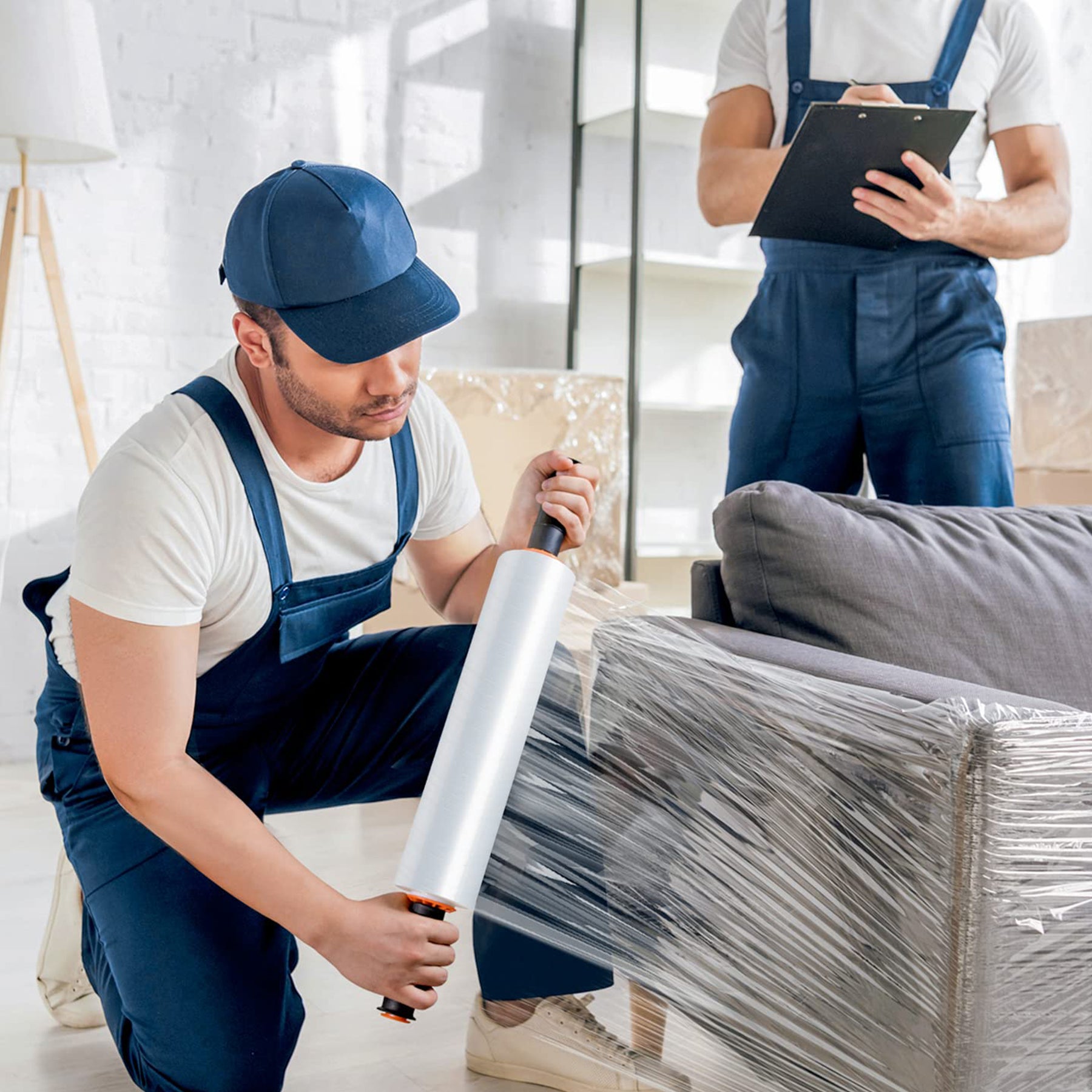 JARLINK 2 Pack Stretch Film, 15" x 1000ft Shrink Wrap for Pallet Wrap, Industrial Strength Stretch up to 650% Stretch with Handles, Self Adhering Packaging Heavy Duty Film for Moving, 68 Gauge, Clear