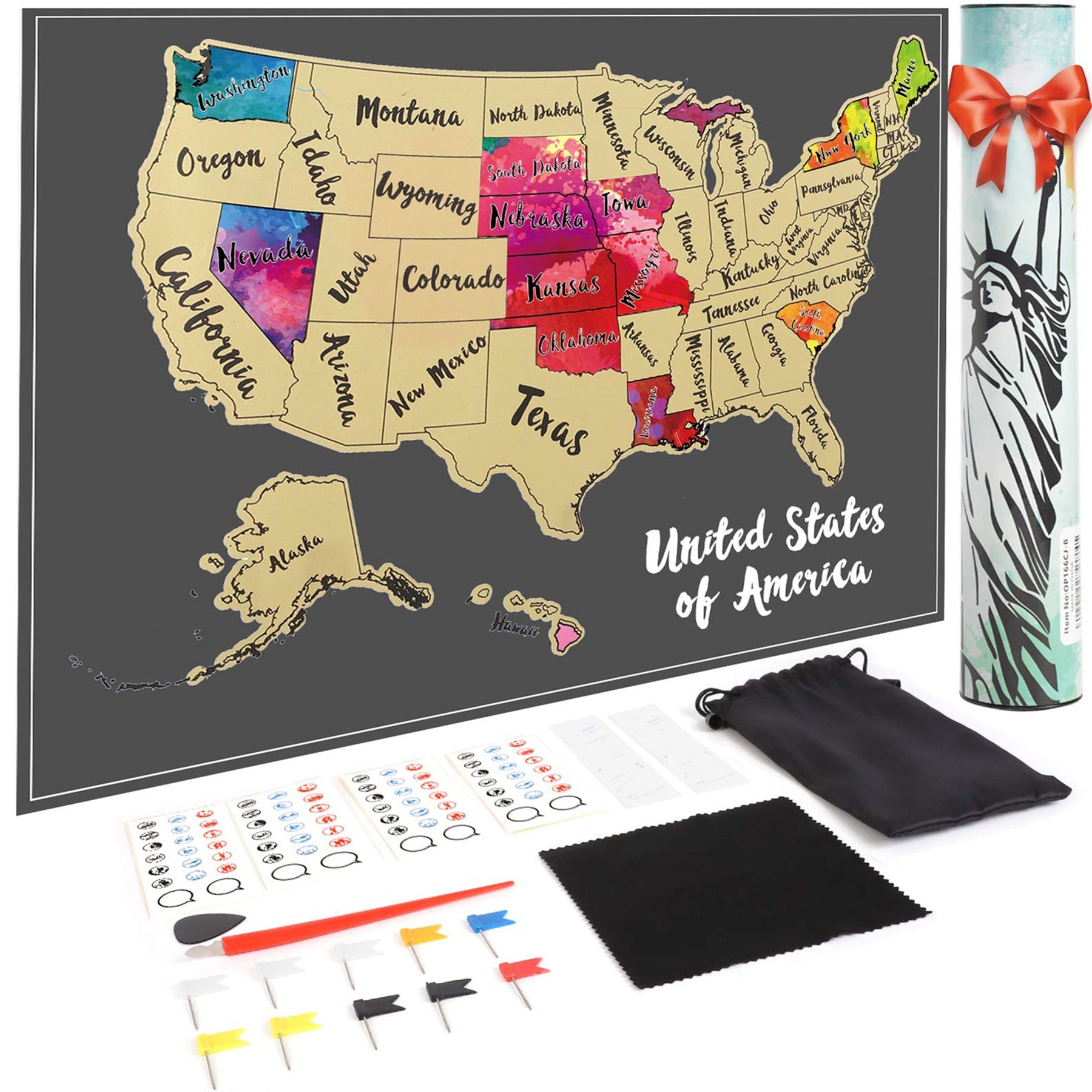 JARLINK Scratch Off USA Map Poster, 12x17 inches United States Map with Unique Accessories Set, Personalized Travel Poster, Gift for Travelers
